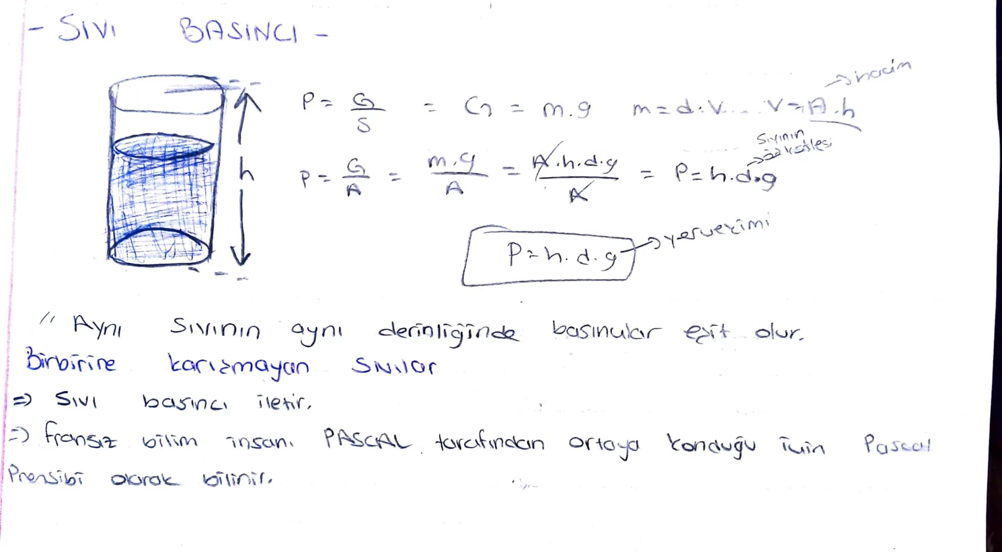 - SIVI BASINCI

![cylinder](image-url)
$P= \frac{G}{S} = G = m.g$
$m = d.V$
$V = A.h$
$P = \frac{G}{A} = \frac{m.g}{A} = \frac{A.h.d.g}{A} =