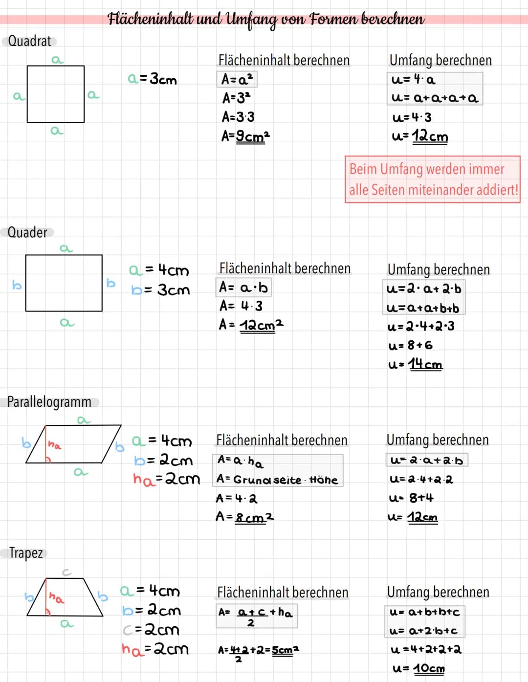 Flächeninhalt und Umfang von Formen berechnen

Quadrat

a
a
a
a
a=3cm

Flächeninhalt berechnen
A=$a^2$
A=$3^2$
A=3-3
A=9cm²

Umfang berechne