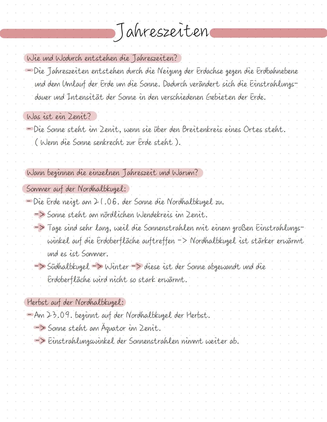 # Jahreszeiten

Wie und Wodurch entstehen die Jahreszeiten?
- Die Jahreszeiten entstehen durch die Neigung der Erdachse gegen die Erdbahnebe
