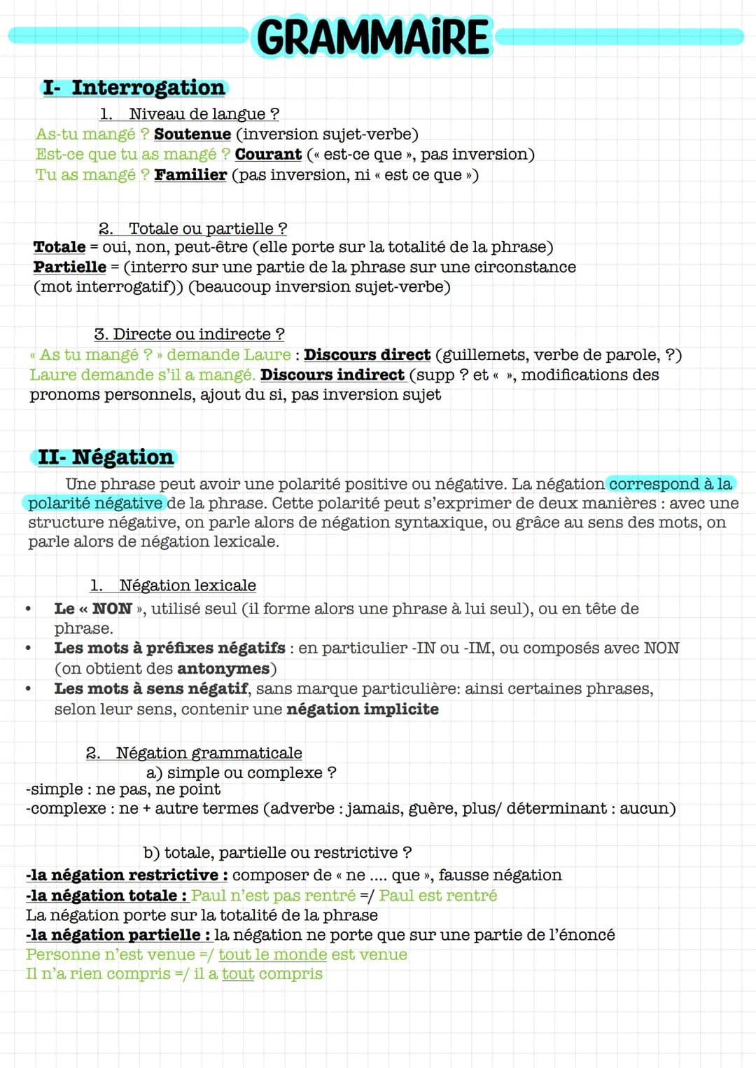 # GRAMMAIRE

I- Interrogation

1. Niveau de langue ?
As-tu mangé? Soutenue (inversion sujet-verbe)
Est-ce que tu as mangé? Courant («est-ce 