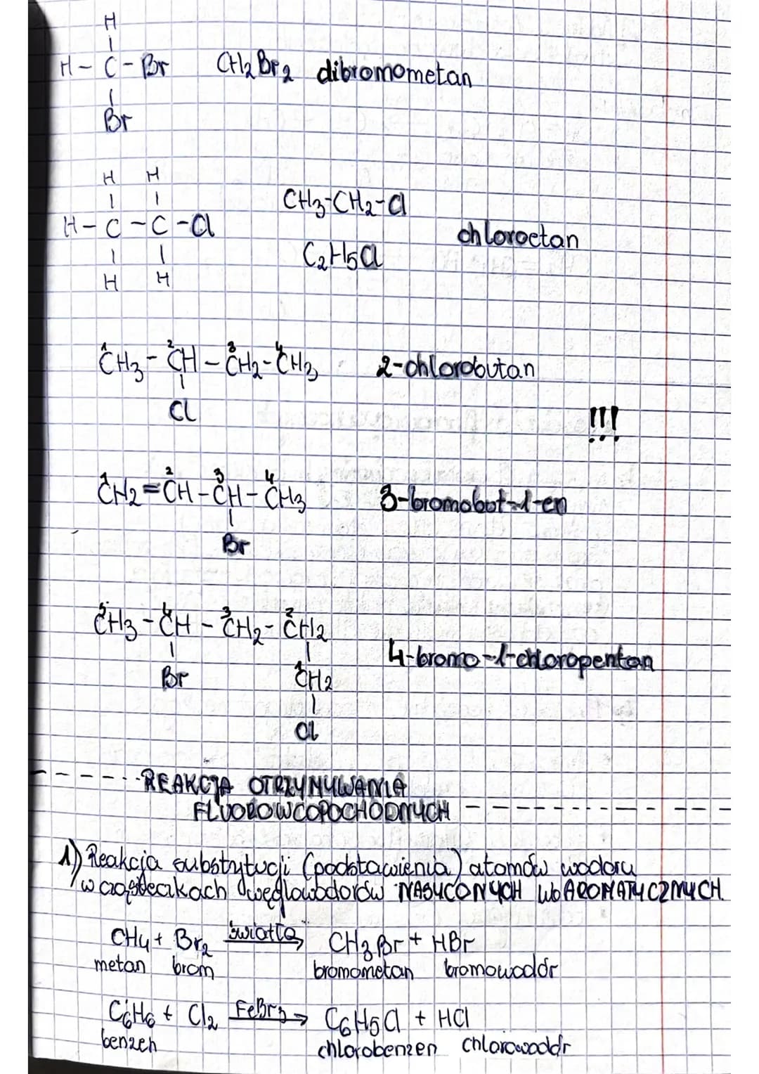 # 1: Fluorowcopochocme

1) Pochodne weglowodorów zawierają, w swoich rasteczkach
atomy węgla, wodora oraz atomy imych pierwiastkdo
np. then,