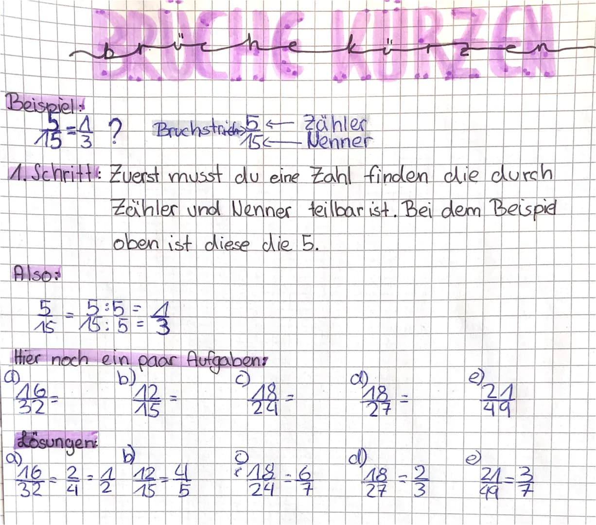 # BRÜCHE KÜRZEN

b
Beisy Beispiel:
$
\frac{5}{15} = \frac{?}{3}$
Bruchstrich $\frac{5}{15}$ ← Zähler
← Nenner

1. Schritt: Zuerst musst du e