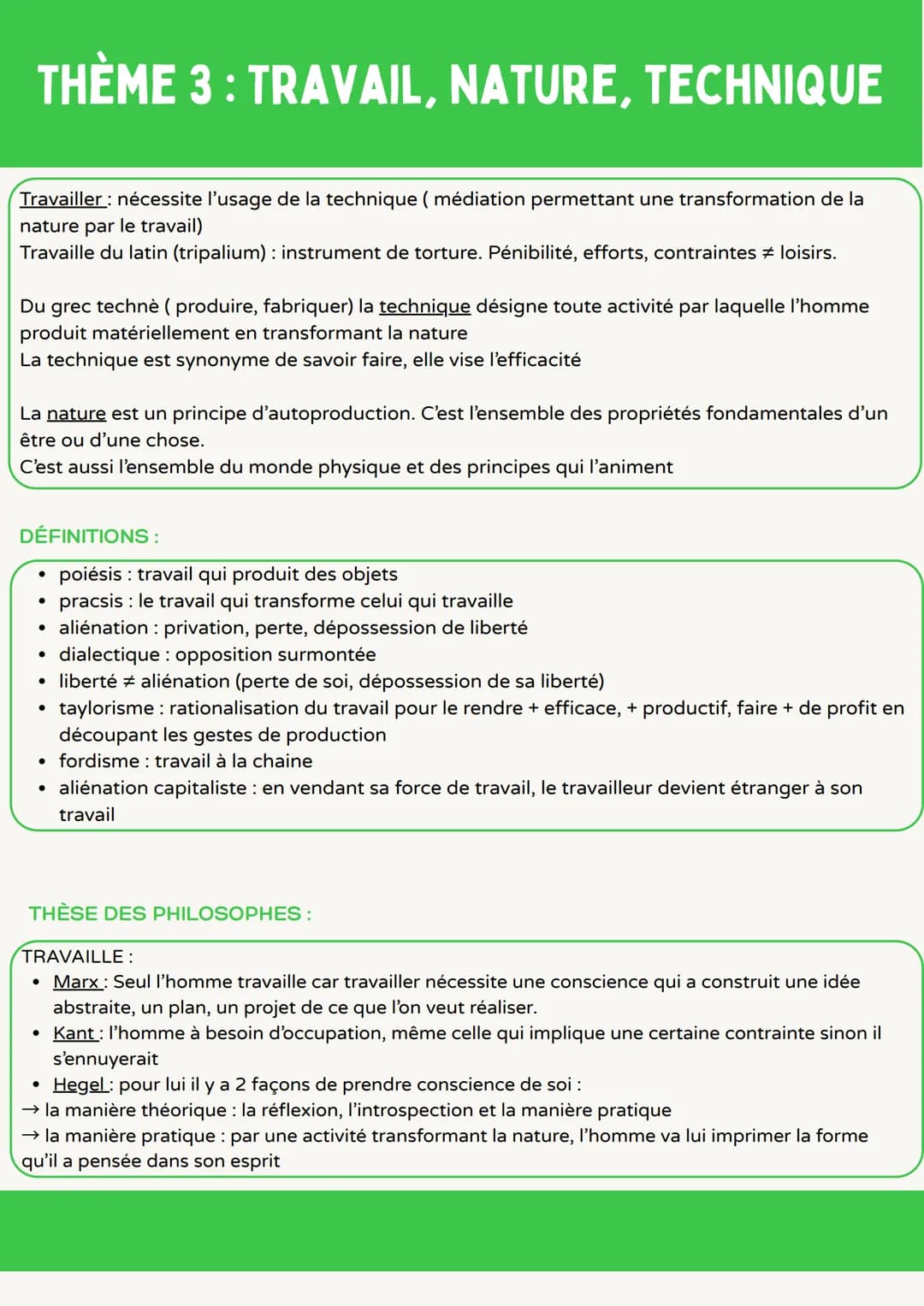 # THÈME 3: TRAVAIL, NATURE, TECHNIQUE

Travailler: nécessite l'usage de la technique (médiation permettant une transformation de la
nature p