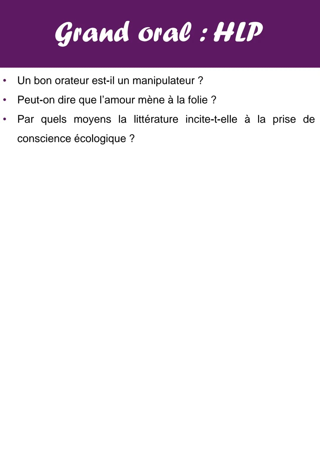 # Grand oral: HLP

Quelques idées de sujet pour le grand oral en HLP :

- En quoi la psychologie a-t-elle pris sa place dans l'éducation
ces