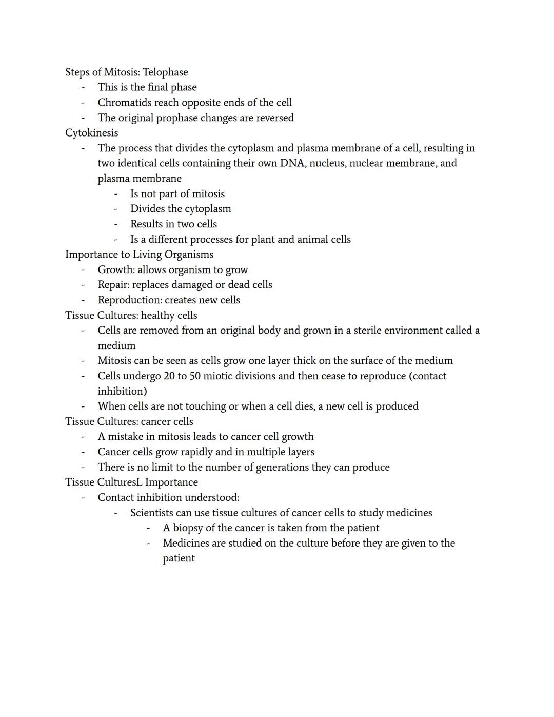 # Mitosis
Cell Cycle
- Interphase
  - G1: Gap phase 1 (growth)
  - S: Synthesis (DNA duplication)
  - G2: Gap phase 2 (growth)
- Mitosis
  -