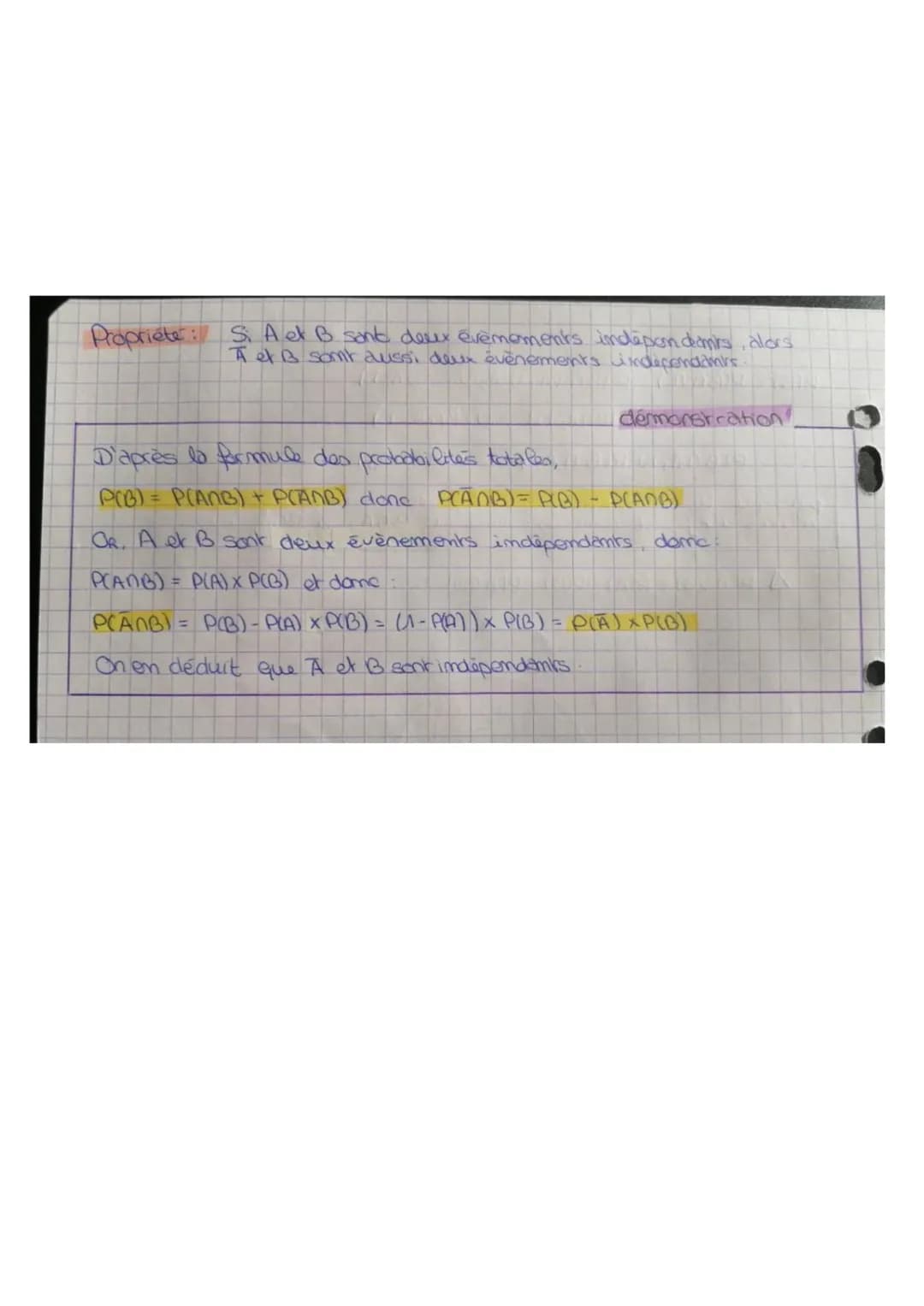 ```markdown
09

Séquence 2: Probabilités

Sauf indication contraire, A et B somt deux évènements d'em cunivers Ω
tels que P(A) 70

1) Propab