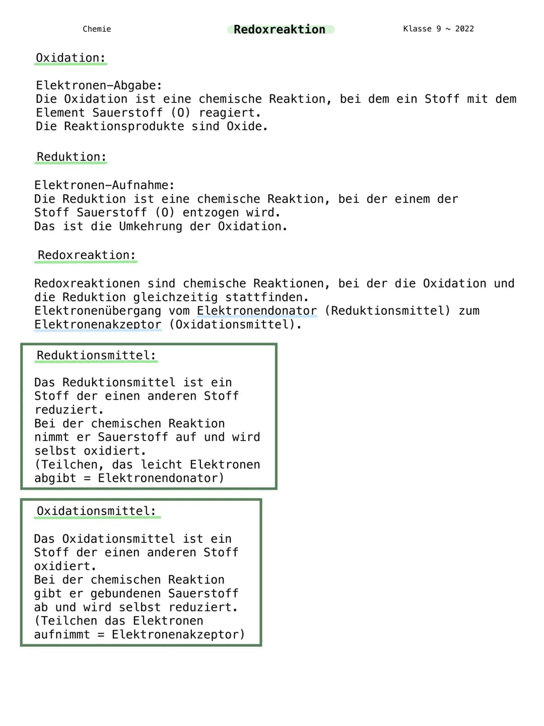 Chemie
Redoxreaktion
Klasse 9~2022
Oxidation:
Elektronen-Abgabe:
Die Oxidation ist eine chemische Reaktion, bei dem ein Stoff mit dem
Elemen