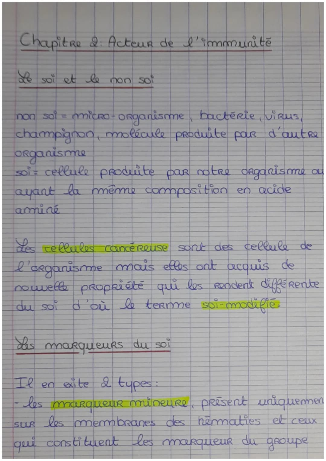 # Chapitre 2: Acteur de l'immunitě

Le soi et le non soi

non soi = micro-organisme, bactérie, virus,
champignon, molécule produite par d'au