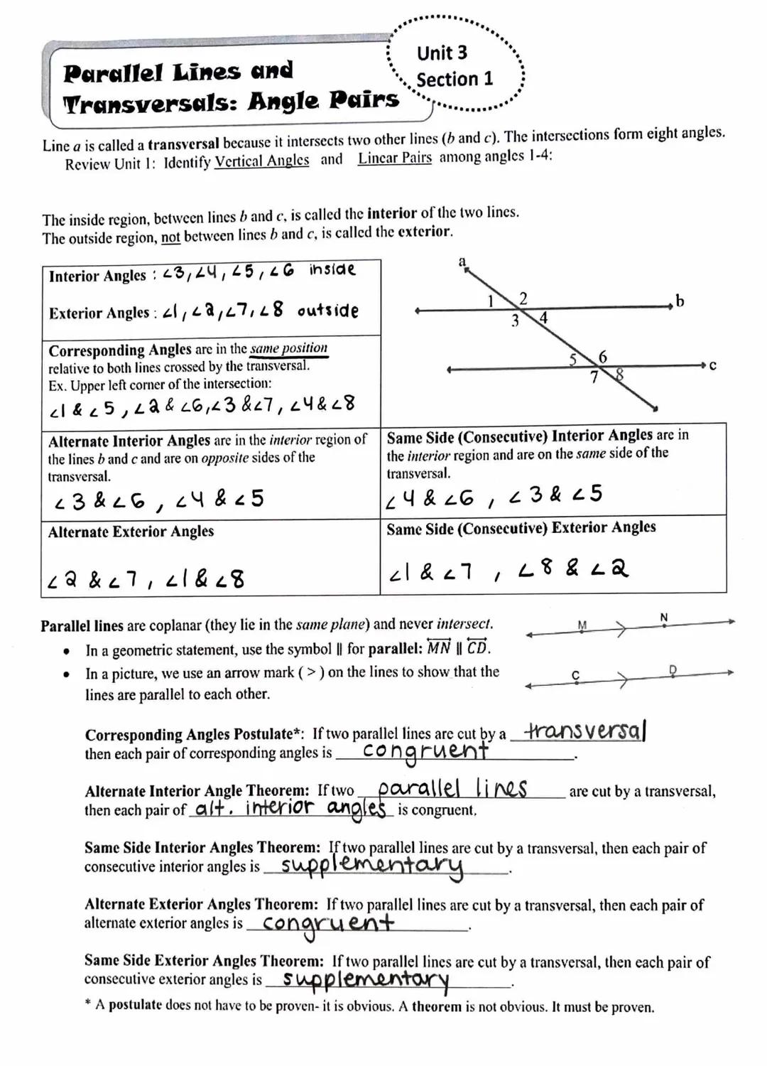 # Parallel Lines and
## Transversals: Angle Pairs
Unit 3
Section 1

Line a is called a transversal because it intersects two other lines (b 