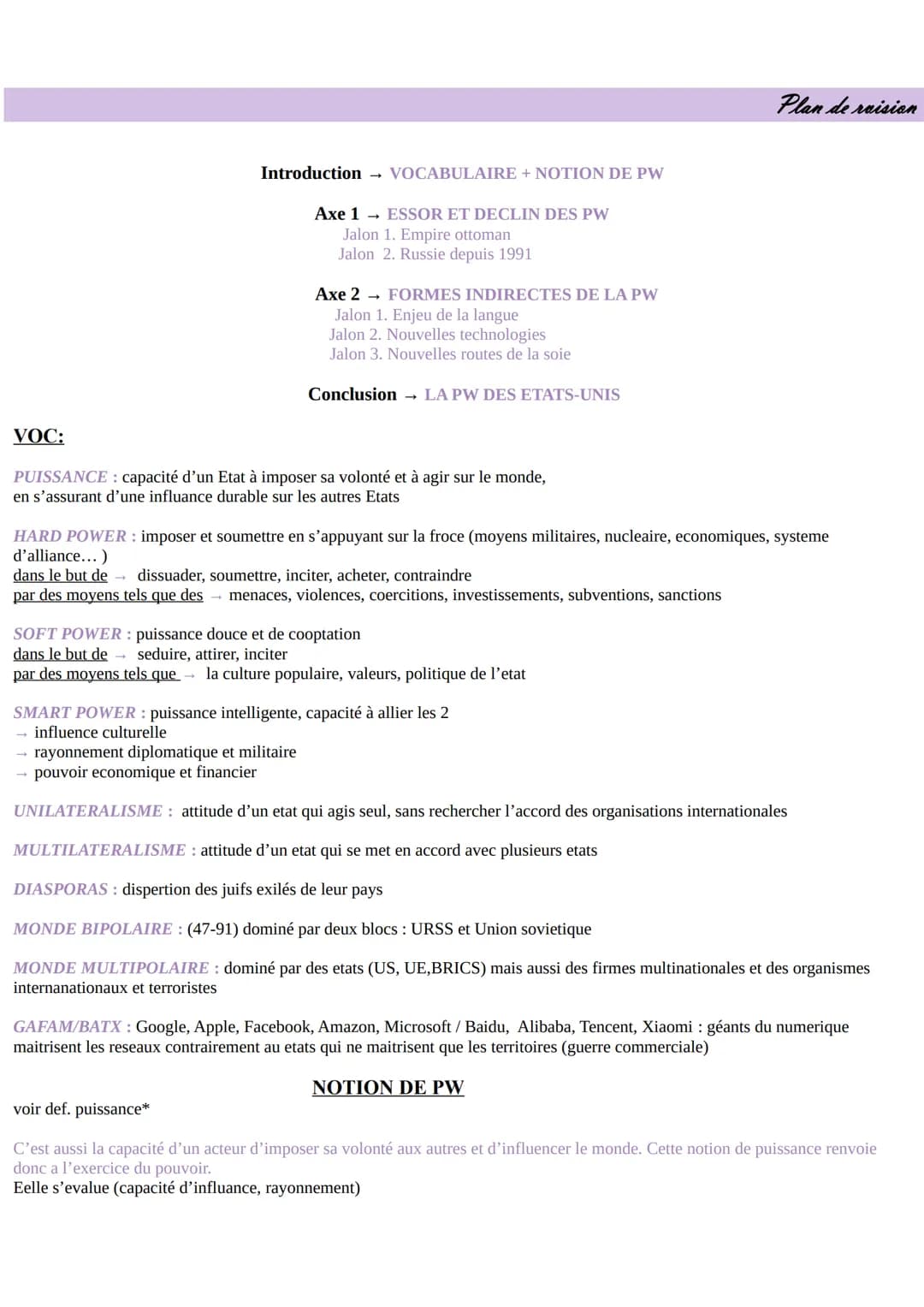 Introduction → VOCABULAIRE + NOTION DE PW

Axe 1 → ESSOR ET DECLIN DES PW
Jalon 1. Empire ottoman
Jalon 2. Russie depuis 1991

Axe 2 → FORME