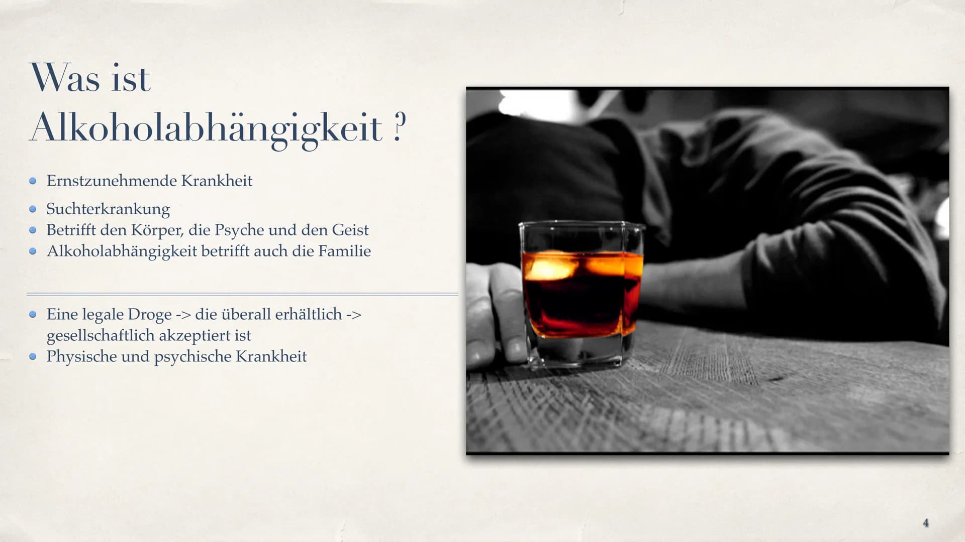 # Alkoholabhängigkeit

Die akzeptierte Droge

Cherry Michelle

1 # Inhaltsverzeichnis

*   Was ist Alkohol? - Folie 3
*   Was ist Alkoholabh