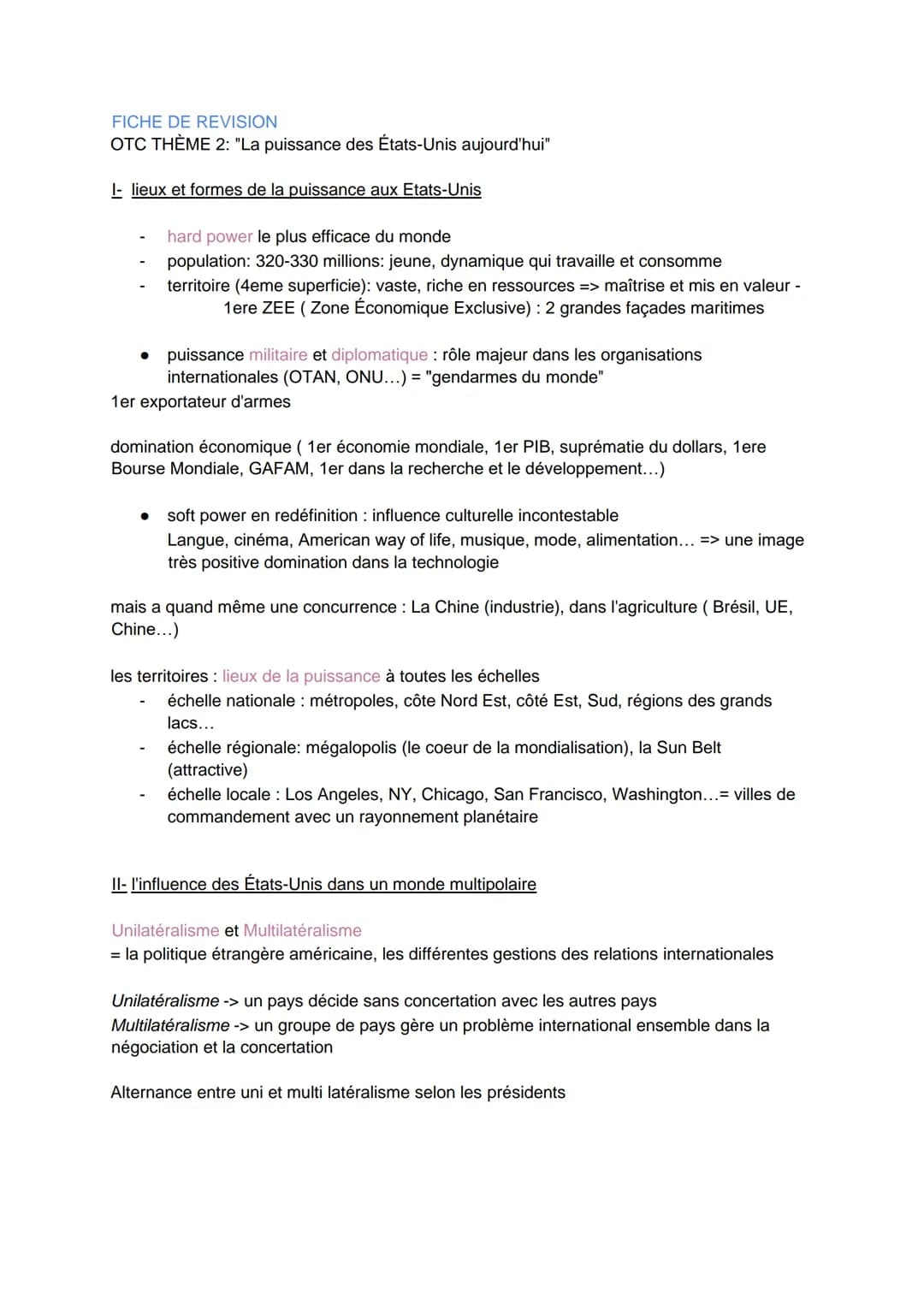 FICHE DE REVISION
OTC THÈME 2: "La puissance des États-Unis aujourd'hui"

I- lieux et formes de la puissance aux Etats-Unis

- hard power le