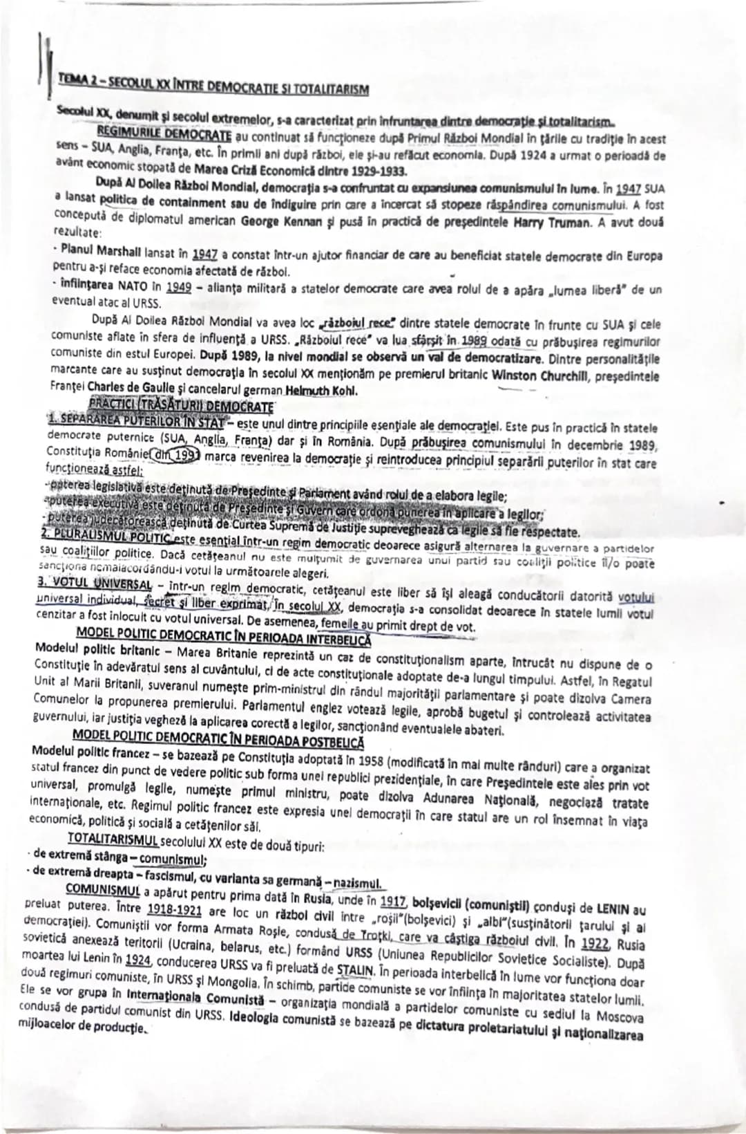 # TEMA 2-SECOLUL XX ÎNTRE DEMOCRATIE SI TOTALITARISM

Secolul XX, denumit şi secolul extremelor, s-a caracterizat prin înfruntarea dintre de
