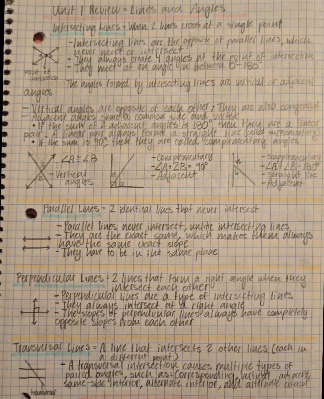 # Unit | Review = Lines and Angles

Intersecting Lines = When 2 lines cross at a single point

paut of
intersection
angies
-Intersecting lin