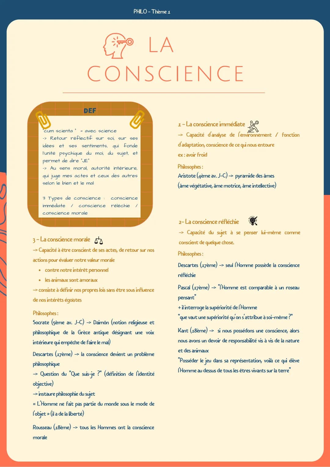 PHILO-Thème 1

LA
CONSCIENCE

DEF

cum scienta" - avec science
-> Retour réflectif sur soi sur ses
idées et ses sentiments, qui fonde
l'unit