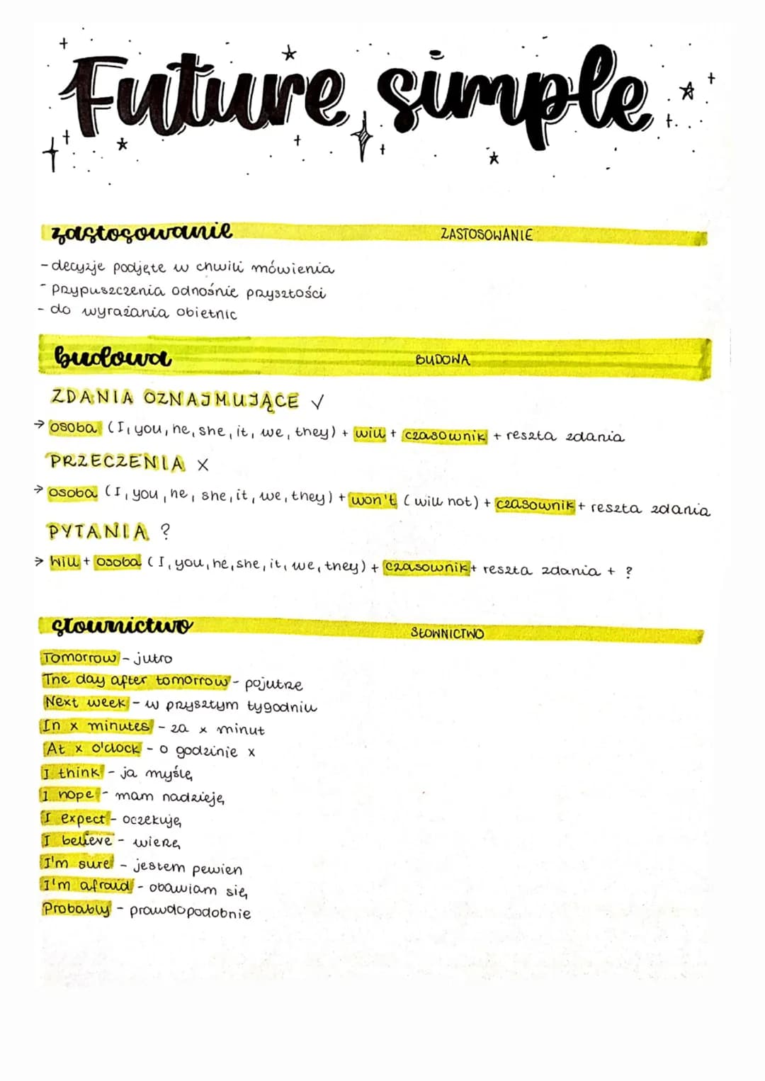 # Future simple

zastosowanie

- decyzje podjęte w chwili mówienia
- Prypuszczenia odnośnie pryszłości
- do wyrażania obietnic

budowa

ZDAN