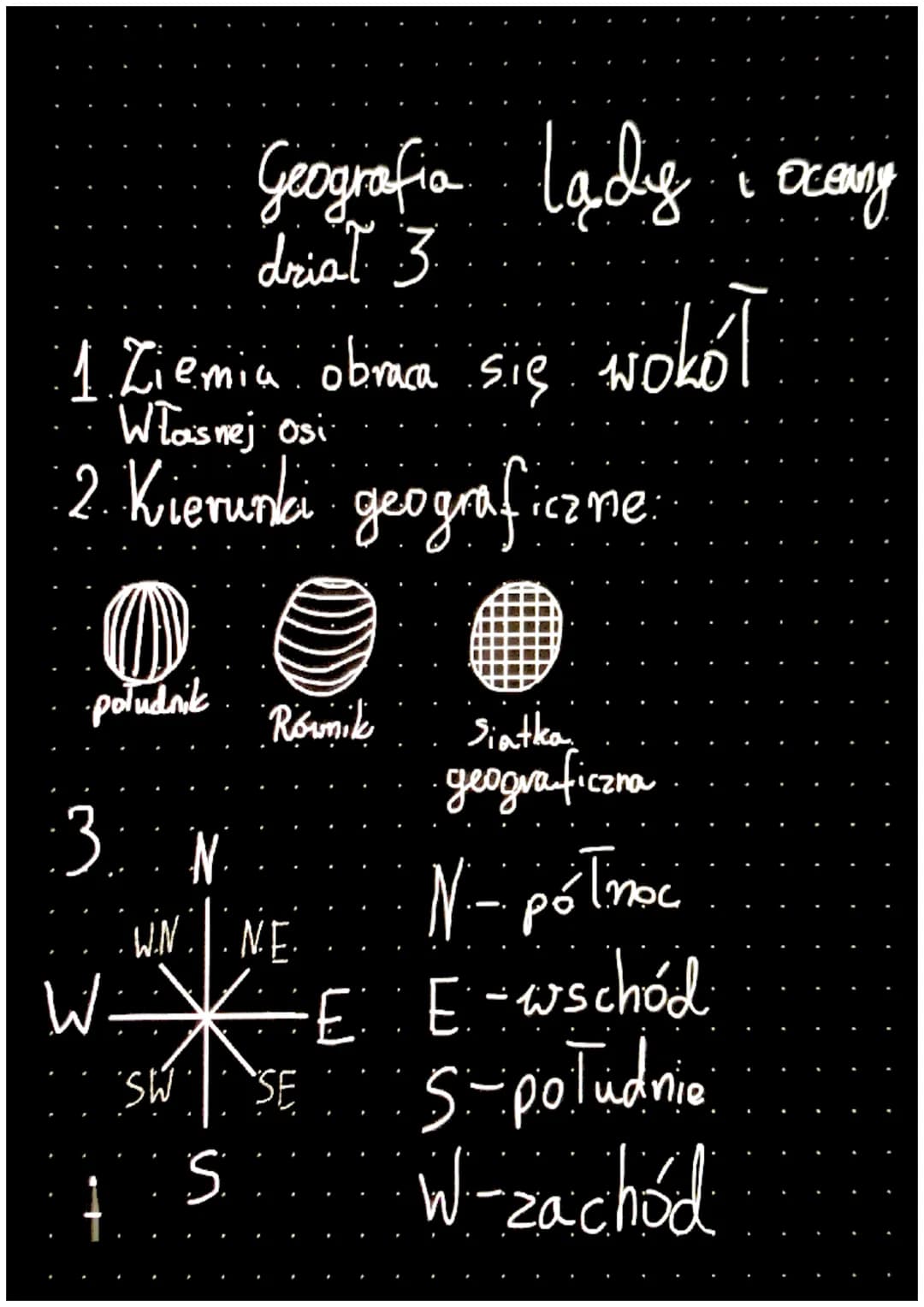 Geografia lady iocong
drial 3

1. Ziemia obraca się wokol
wokół
Własnej Osi

2. Kierunki geograficzne

południk Roumik

Siatka
geograficzna
