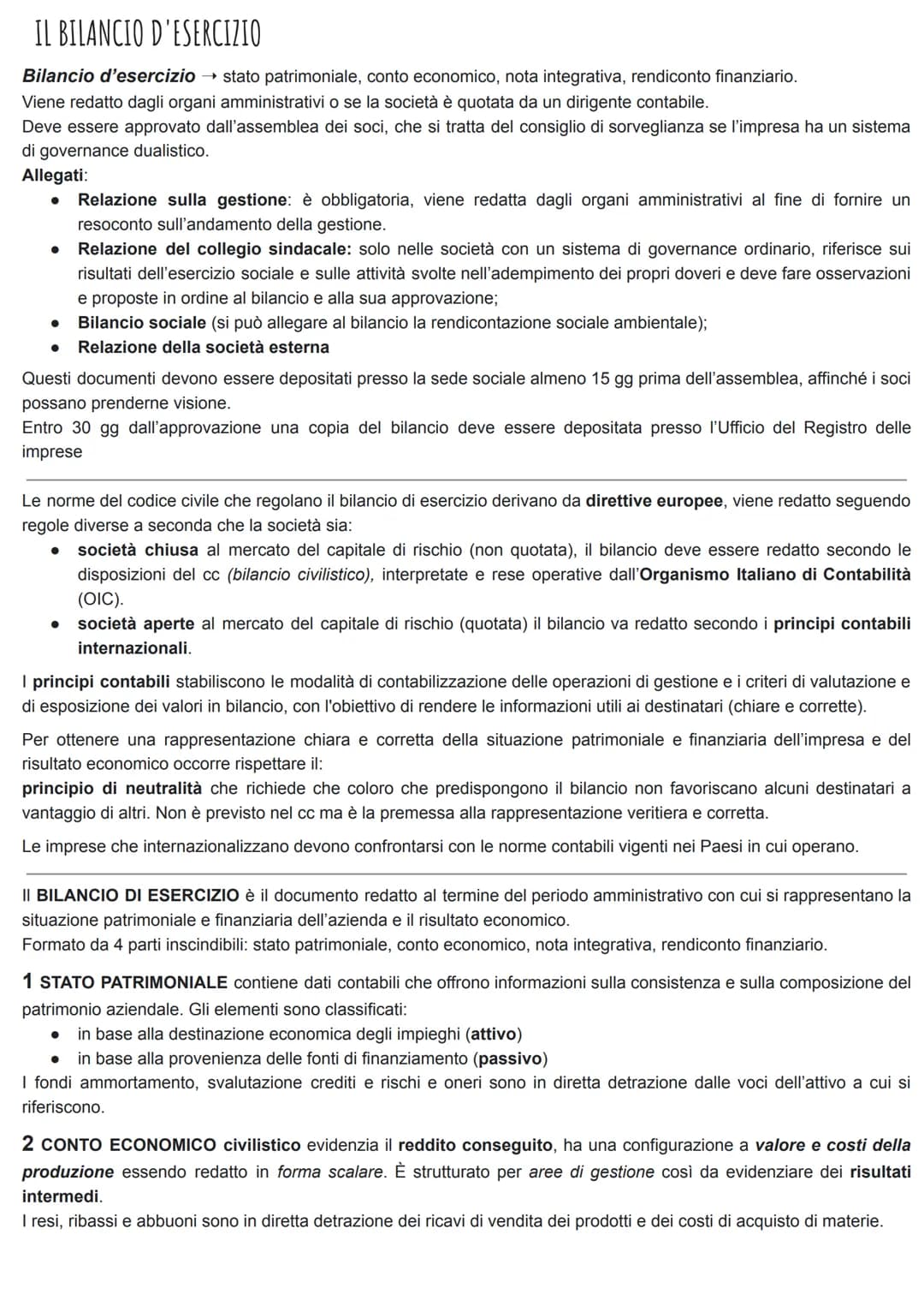 # IL BILANCIO D'ESERCIZIO

Bilancio d'esercizio $\rightarrow$ stato patrimoniale, conto economico, nota integrativa, rendiconto finanziario.