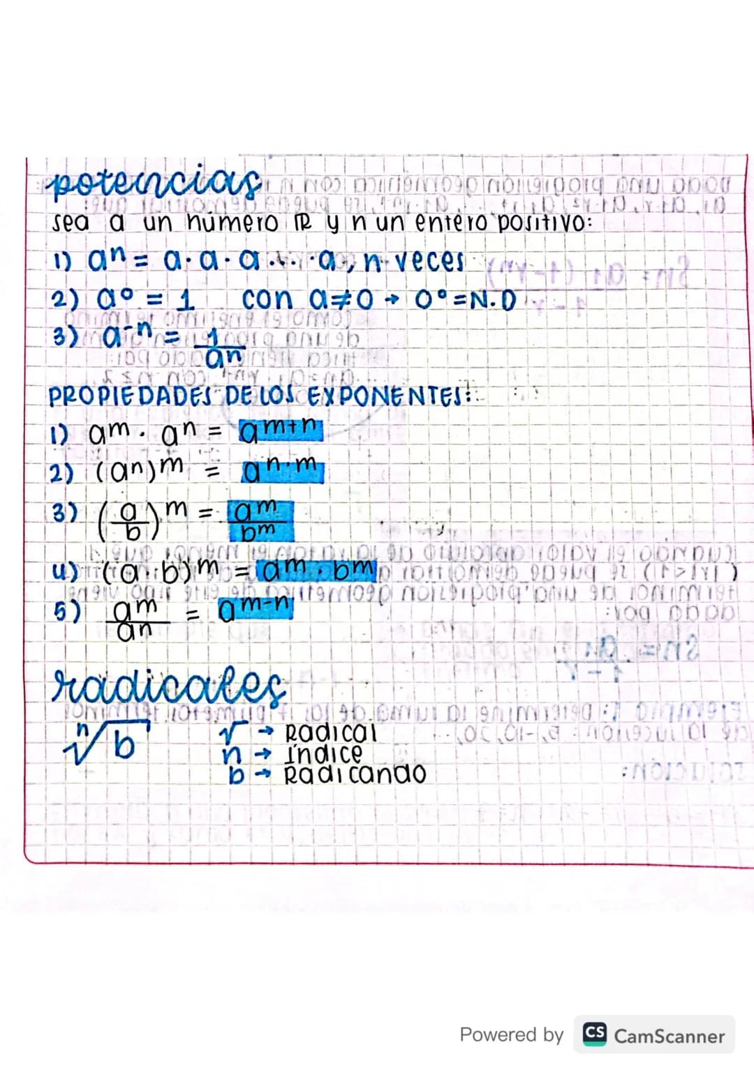 # potencias
sea a un número R yn un entero positivo:
1) an = a·a·a·...·a, n veces
2) a⁰ = 1 con a≠0 → 0⁰=N.D
3) a-n = 1/an
PROPIEDADES DE LO