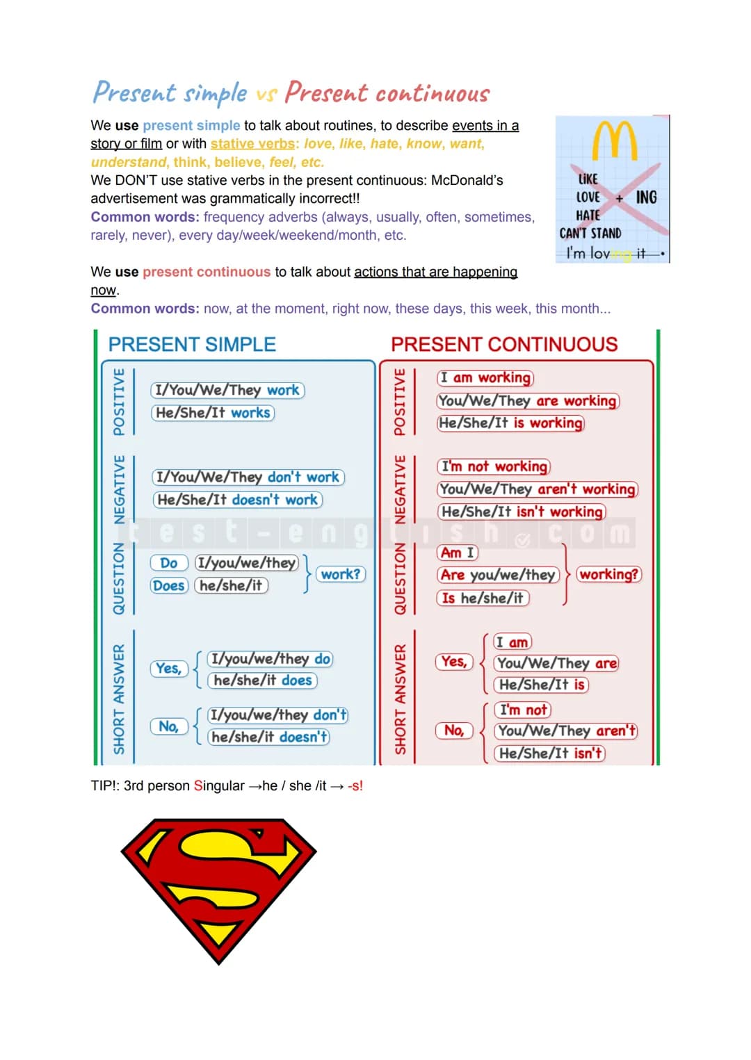 Present simple vs Present continuous

We use present simple to talk about routines, to describe events in a
story or film or with stative ve