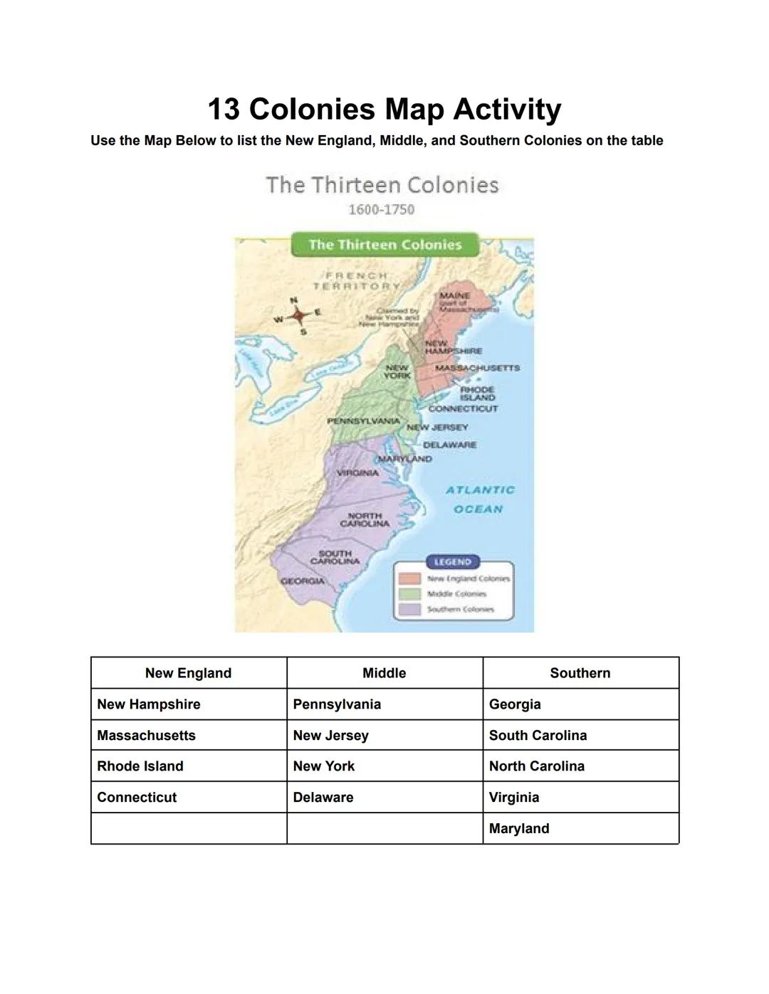 # 13 Colonies Map Activity

Use the Map Below to list the New England, Middle, and Southern Colonies on the table

The Thirteen Colonies

16