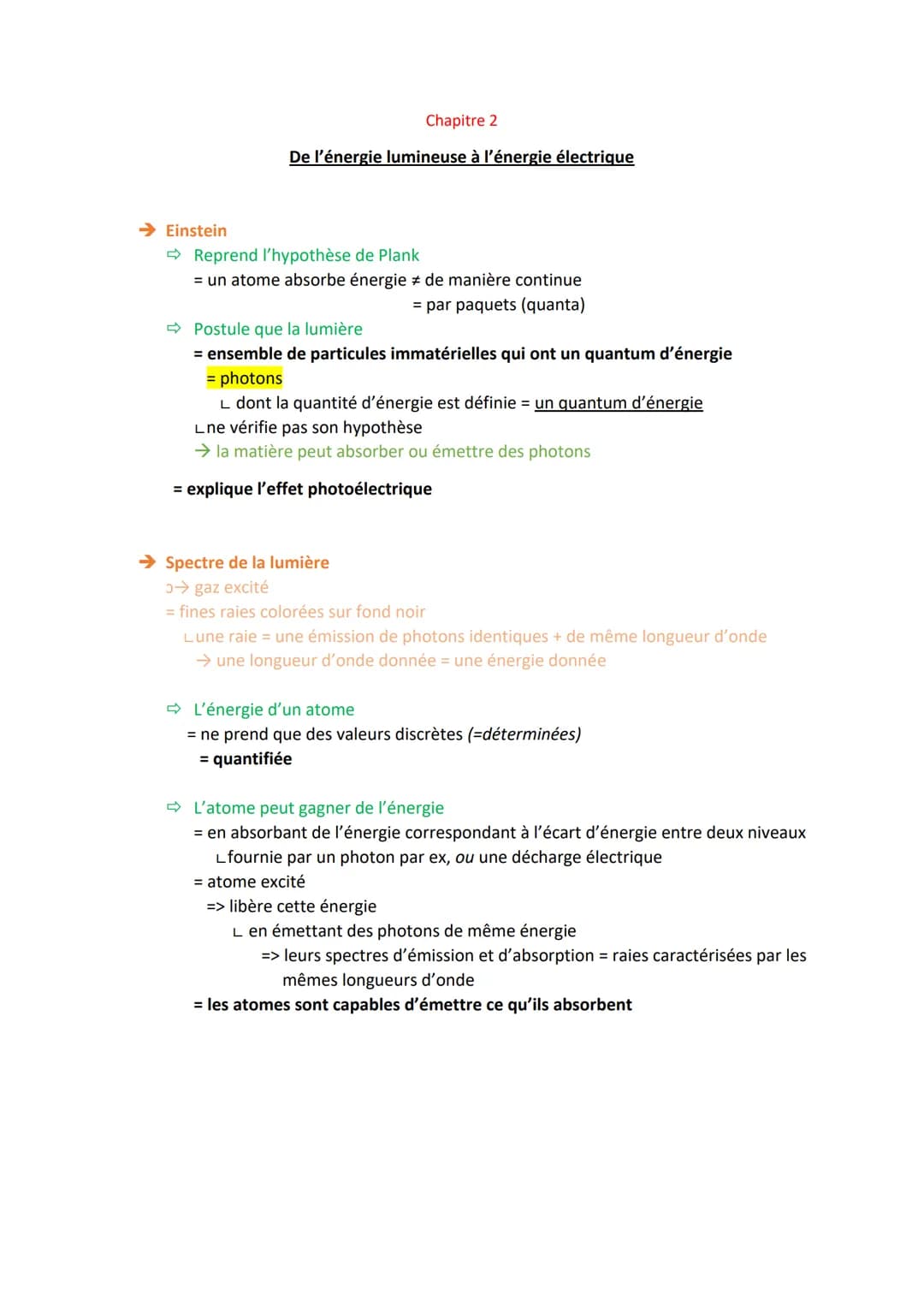 Chapitre 2

De l'énergie lumineuse à l'énergie électrique

→ Einstein

➡Reprend l'hypothèse de Plank

= un atome absorbe énergie ≠ de manièr