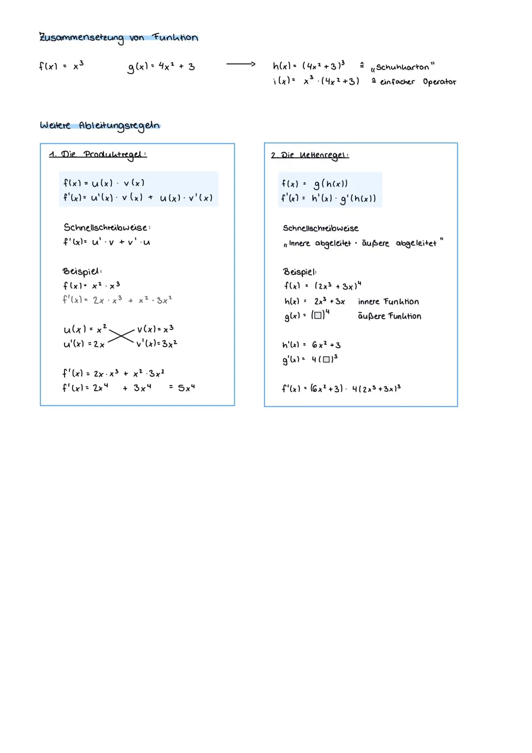 # Zusammensetzung von Funktion

$f(x) = x^3$

$g(x) = 4x^2 + 3$

$h(x)= (4x^2+3)^3$ "Schuhharton"

$i (x)= x^3 \cdot (4x^2+3)$ einfacher Ope