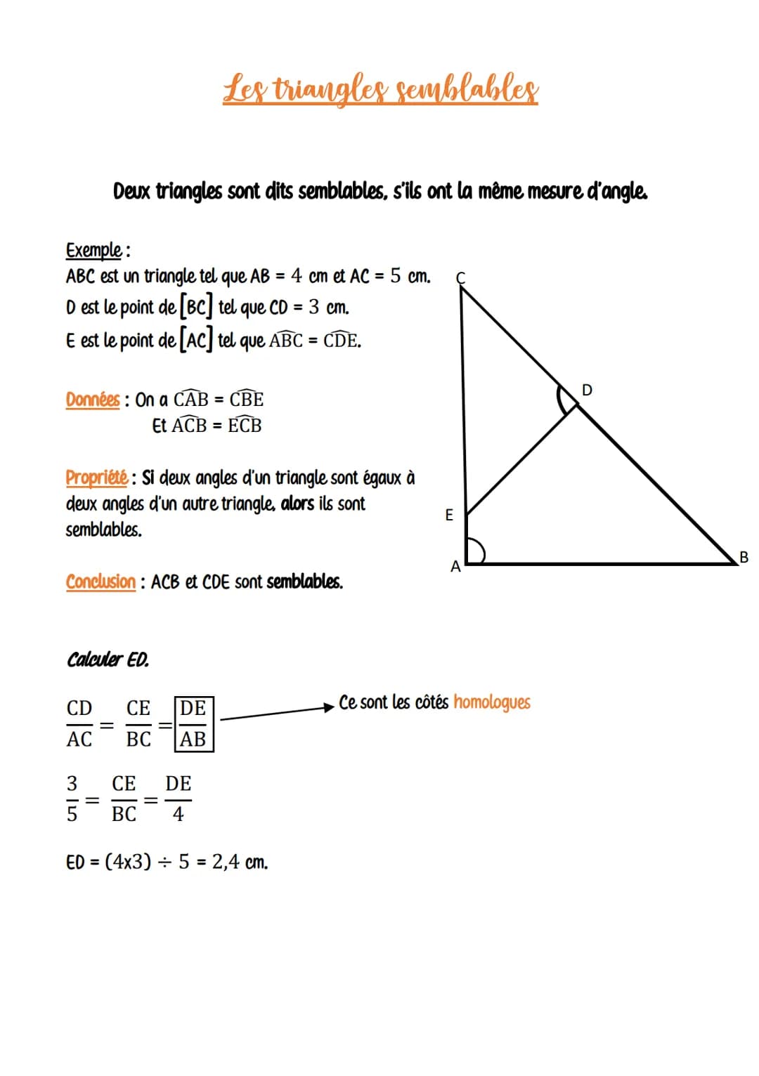 # Les triangles semblables

Deux triangles sont dits semblables, s'ils ont la même mesure d'angle.

Exemple:
ABC est un triangle tel que AB 
