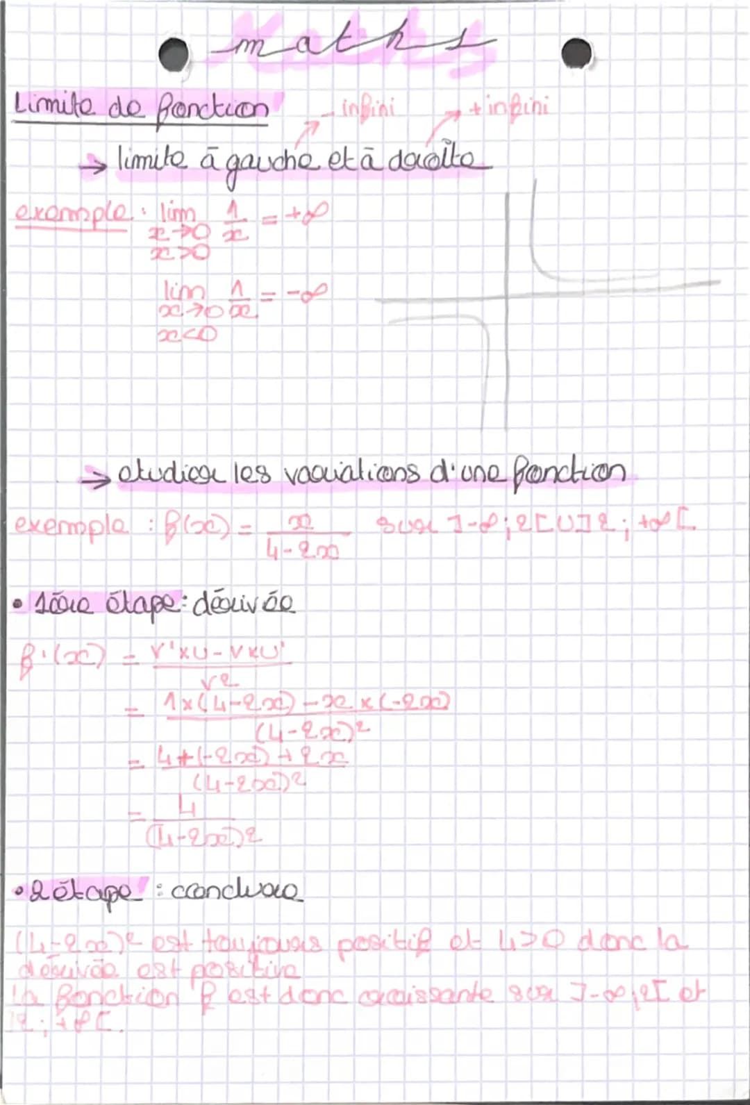 maths
Limite de fonction
→ exemple limite de fonction
•lim<sub>x→+∞</sub>1-3√x = ?
→lim<sub>x→+∞</sub>1 = 0
Par somme
lim<sub>x→+∞</sub>1 - 