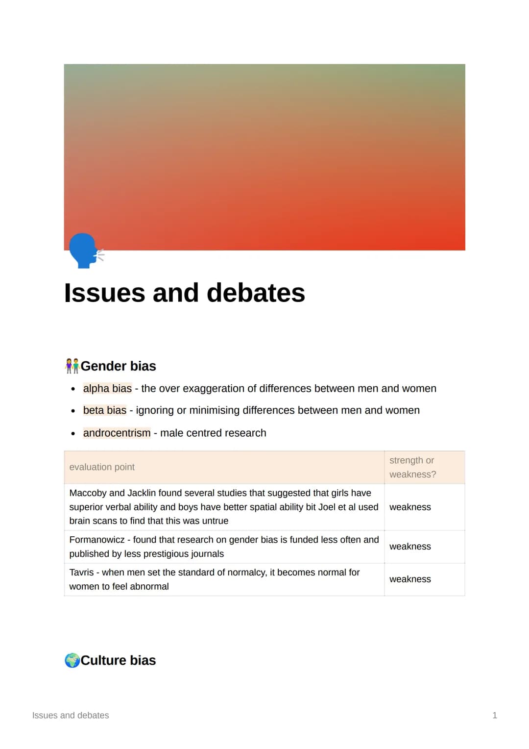 # Issues and debates

## Gender bias

- alpha bias - the over exaggeration of differences between men and women
- beta bias - ignoring or mi