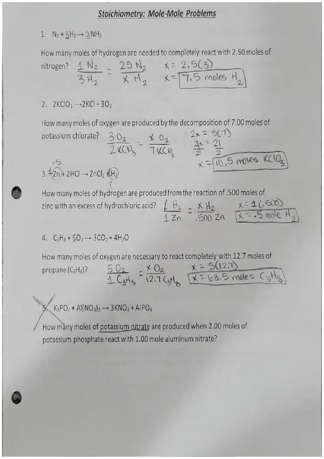 # Stoichiometry: Mole-Mole Problems

1. N2+2H₂→ 2NH3

How many moles of hydrogen are needed to completely react with 2.50 moles of
nitrogen?