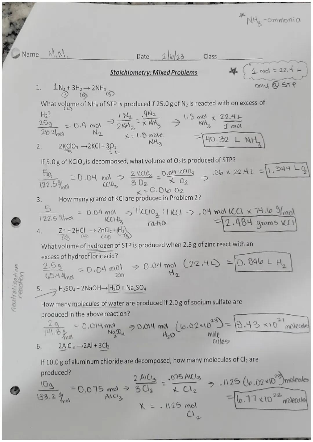 # Stoichiometry: Mole-Mole Problems

1. N2+2H₂→ 2NH3

How many moles of hydrogen are needed to completely react with 2.50 moles of
nitrogen?