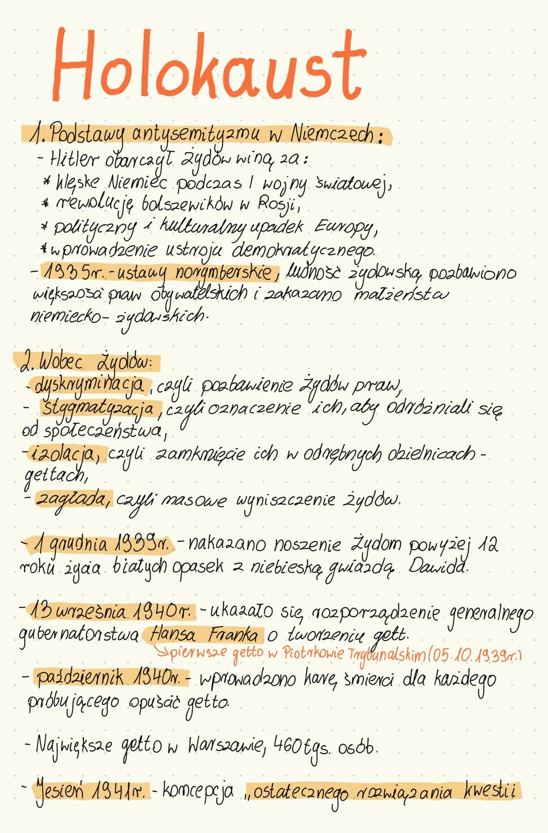 # Holokaust

1. Podstawy antysemityzmu w Niemczech:
- Hitler obarczył Żydow wing za:
    * klęske Niemiec podczas I wojny światowej,
    * r