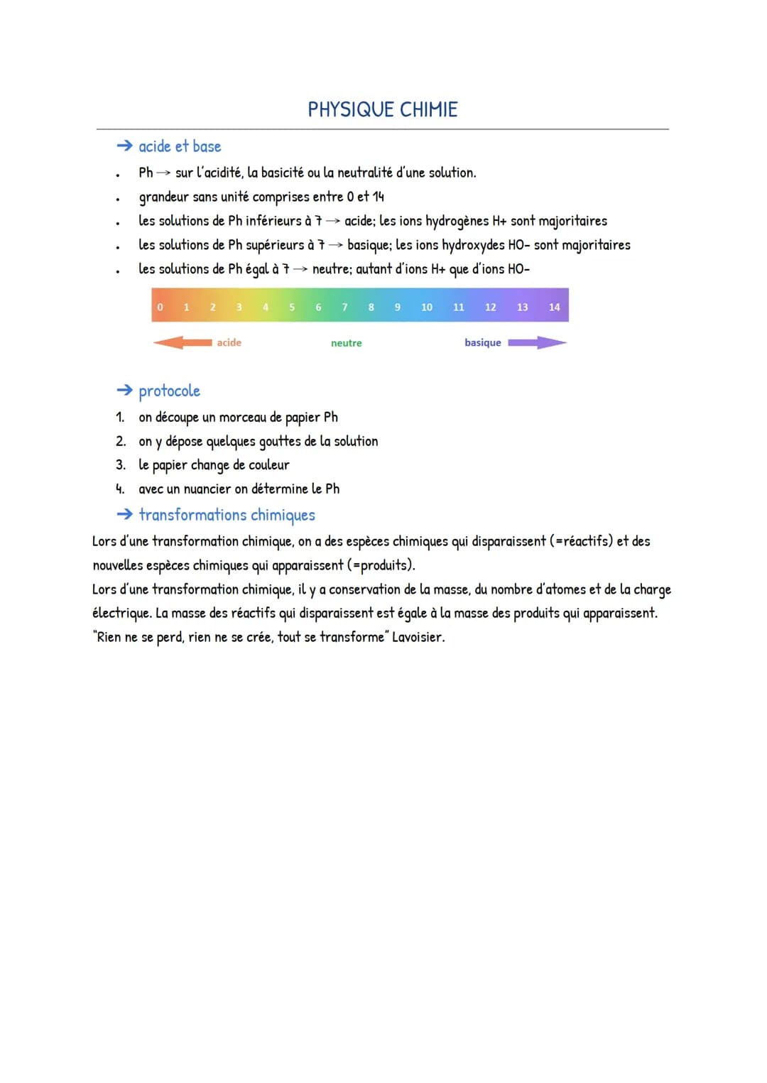 # PHYSIQUE CHIMIE

→ acide et base

*   Ph→ sur l'acidité, la basicité ou la neutralité d'une solution.
*   grandeur sans unité comprises en