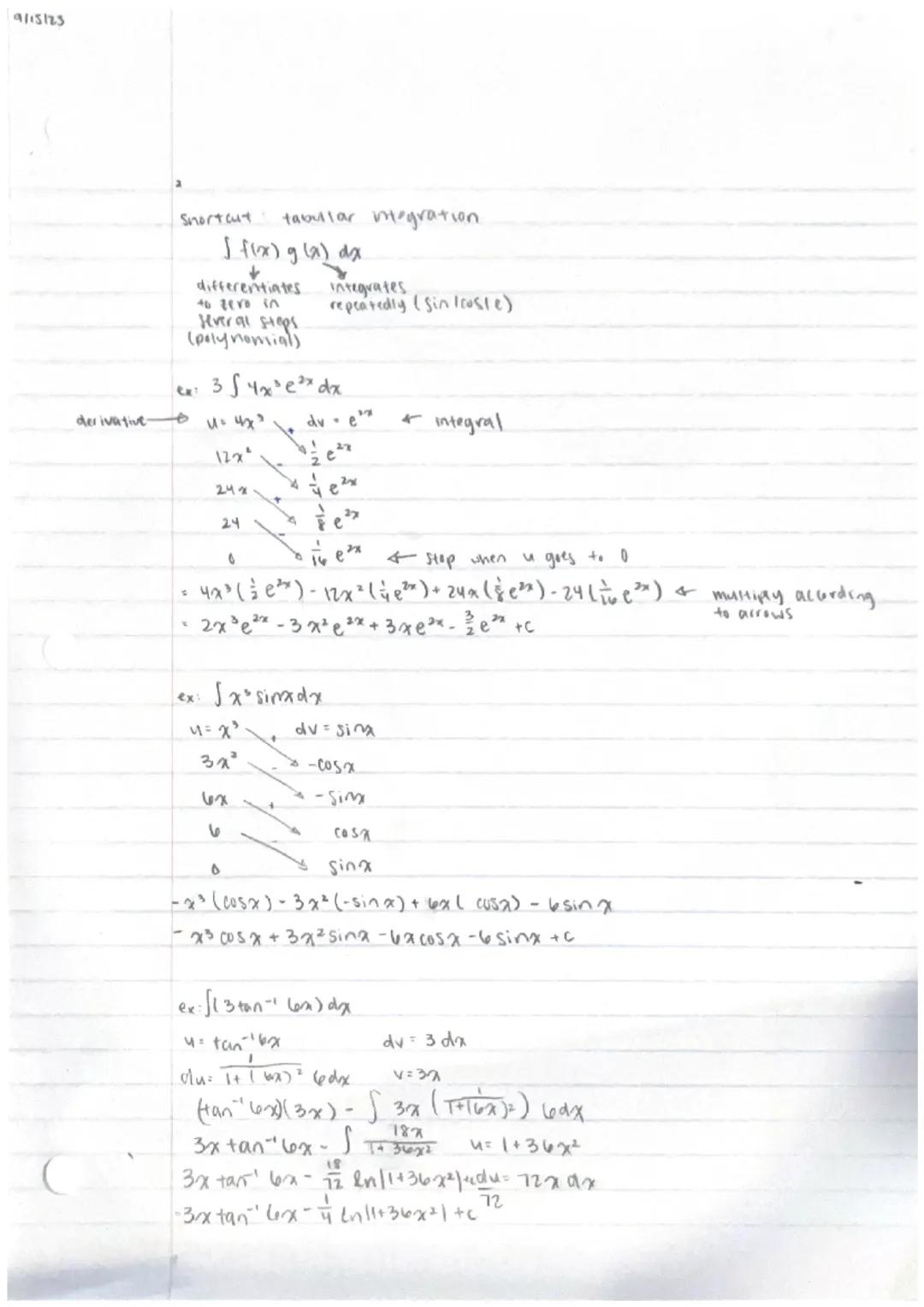 9/15173

Integration by Parts

$\frac{d}{dx}(uv) = u \frac{dv}{dx} + v \frac{du}{dx}$

$d(uv) = udv + vdu$

$d(uv) - vdu = udv$

$udv = d(uv