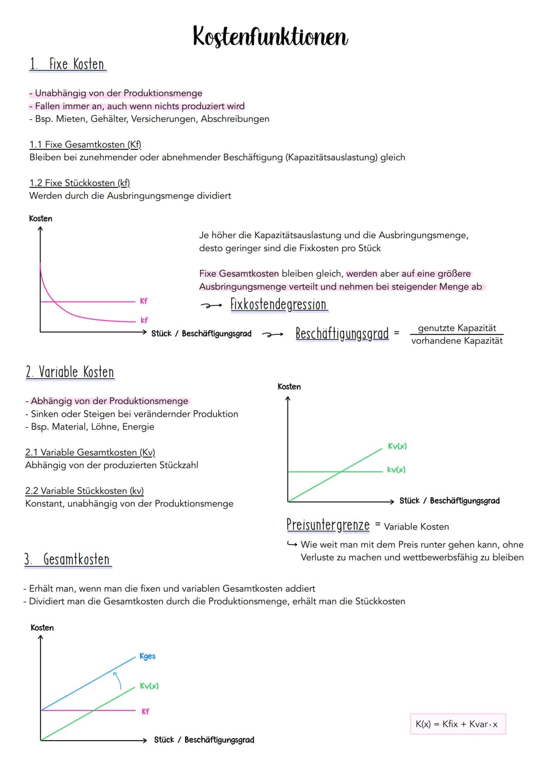 # Kostenfunktionen

1. Fixe Kosten

- Unabhängig von der Produktionsmenge
- Fallen immer an, auch wenn nichts produziert wird
- Bsp. Mieten,
