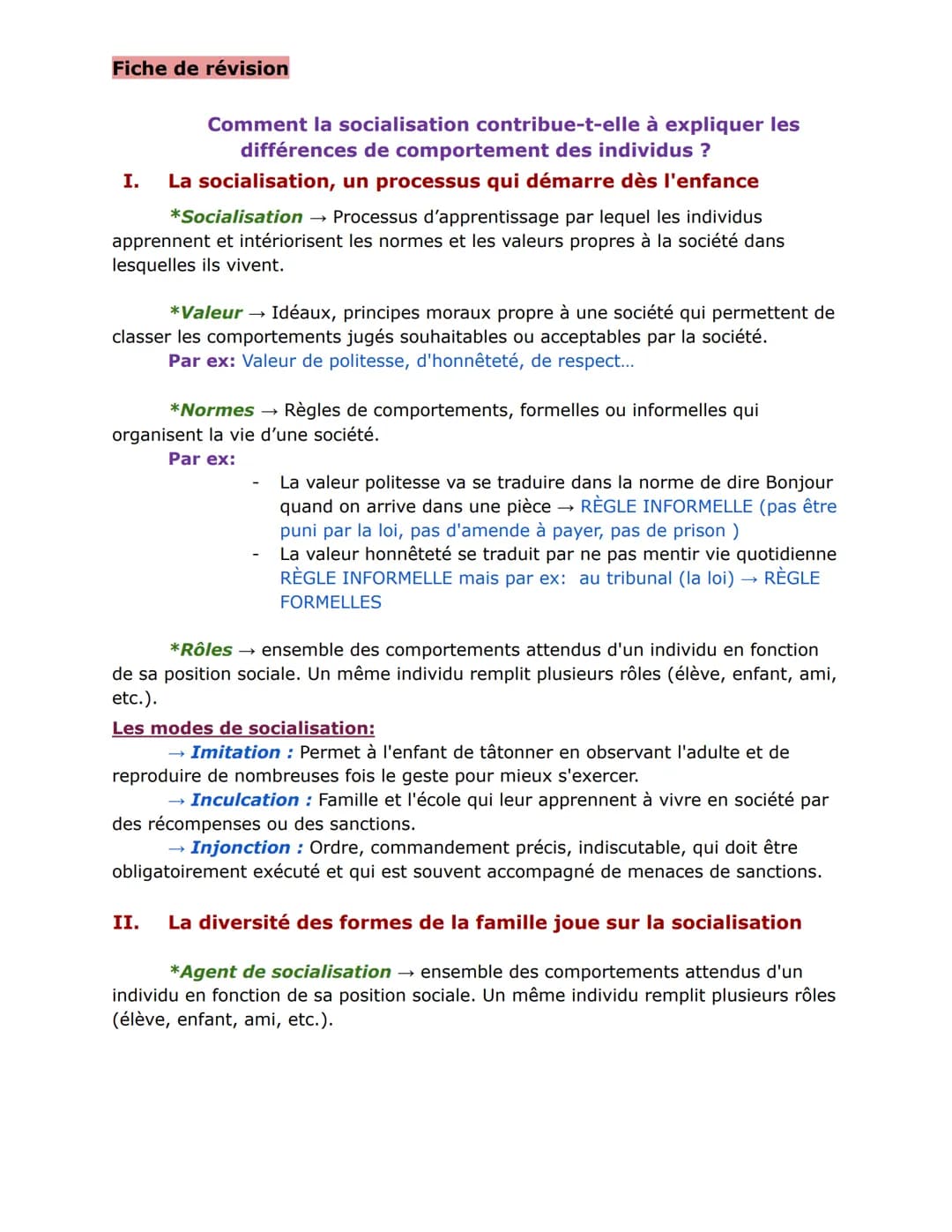 # Fiche de révision

Comment la socialisation contribue-t-elle à expliquer les
différences de comportement des individus ?

I. La socialisat