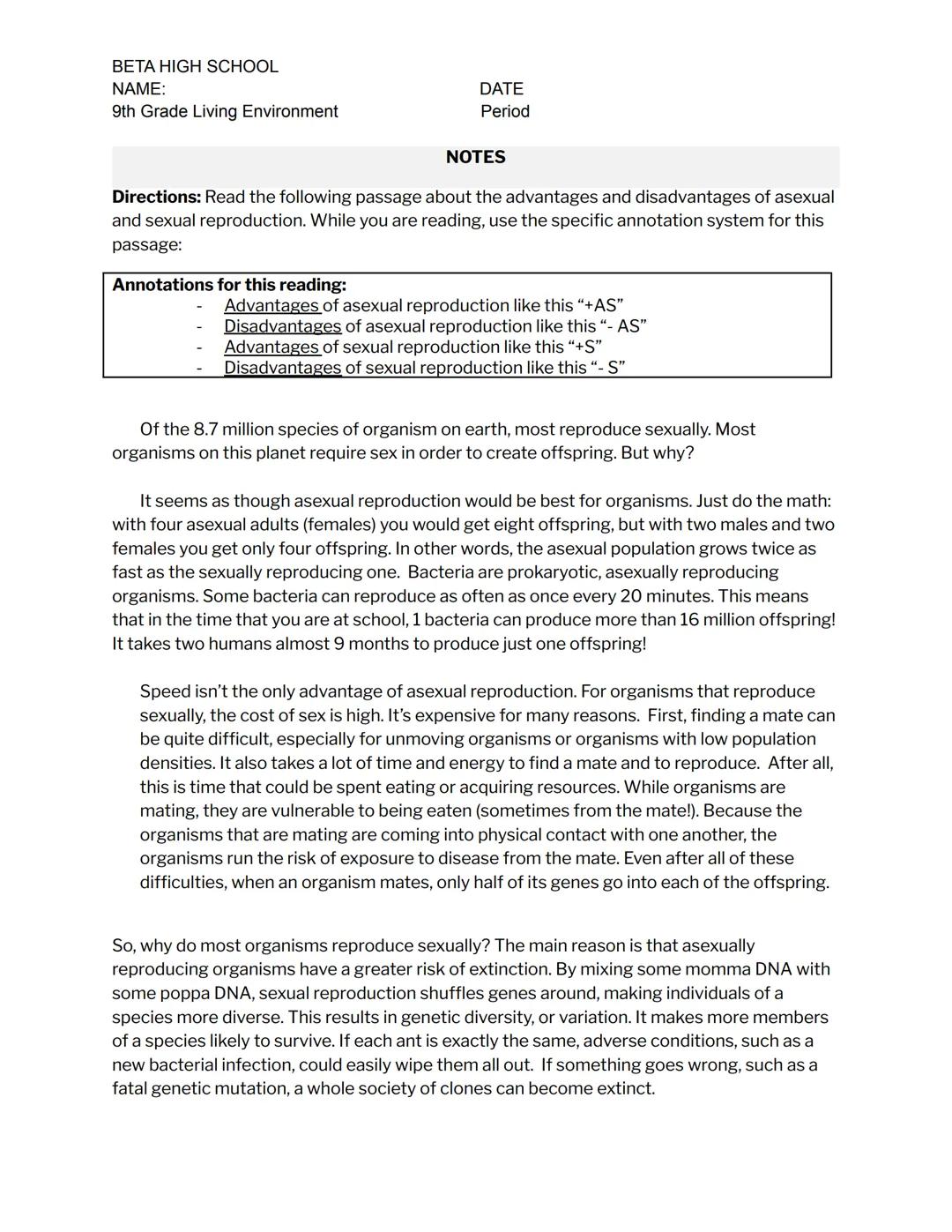 BETA HIGH SCHOOL
NAME:
9th Grade Living Environment
DATE
Period
# REPRODUCTION: Advantages & Disadvantages

DO NOW
Identify the diagrams bel