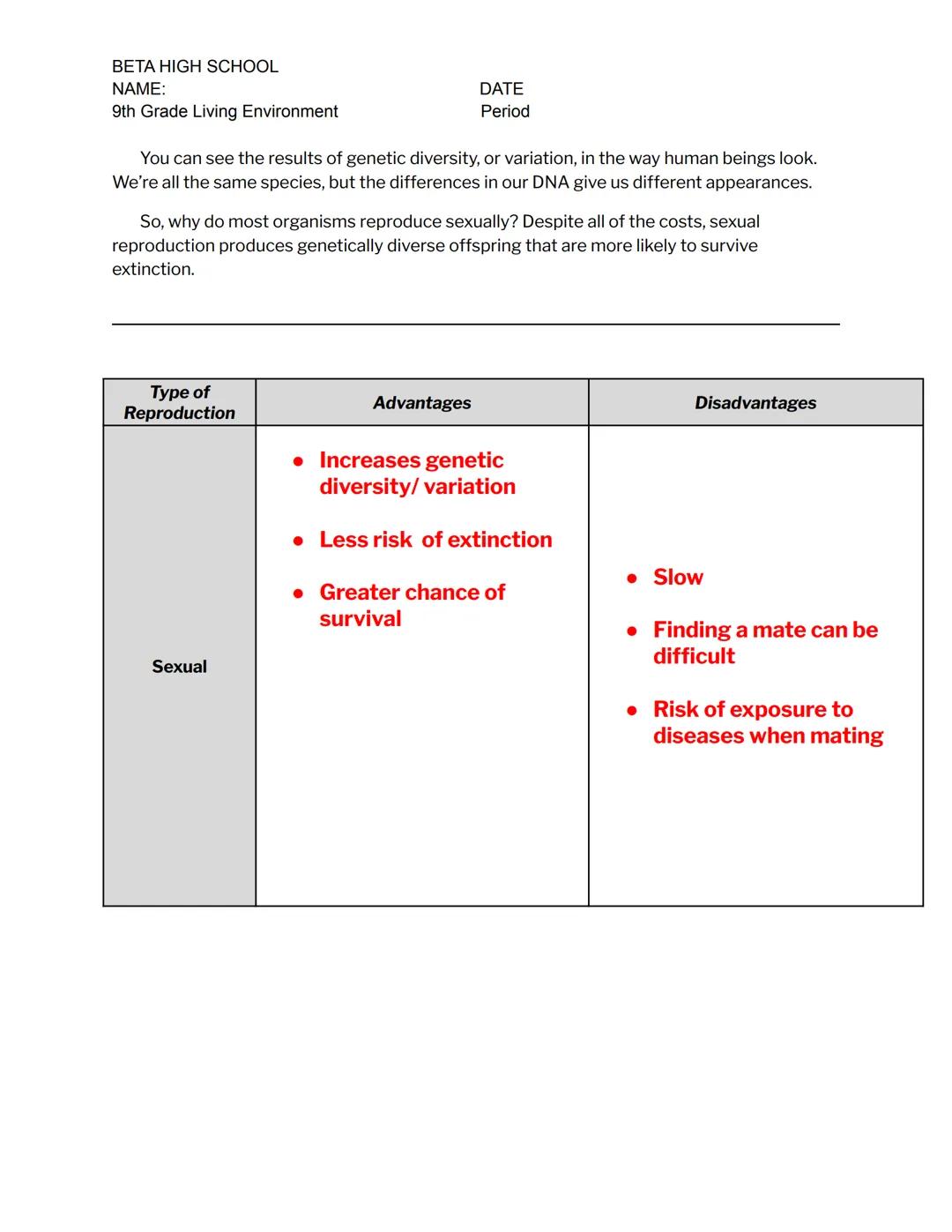 BETA HIGH SCHOOL
NAME:
9th Grade Living Environment
DATE
Period
# REPRODUCTION: Advantages & Disadvantages

DO NOW
Identify the diagrams bel