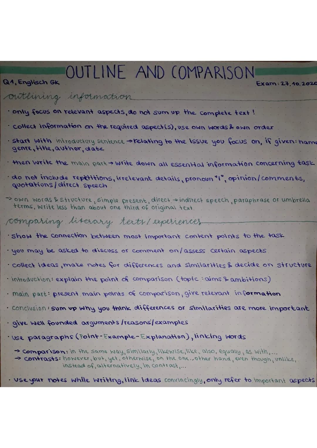 Q1, Englisch GK
# OUTLINE AND COMPARISON
*   outlining information
*   only focus on relevant aspects, do not sum up the complete text!
Exam
