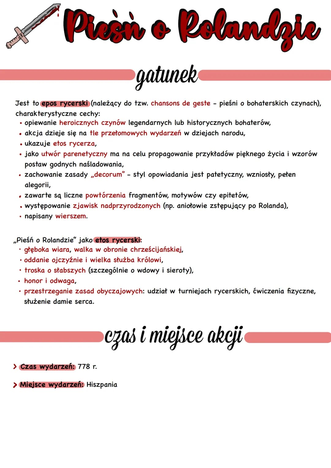 # Pieśń o Rolandzie

gatunek

Jest to epos rycerski (należący do tzw. chansons de geste - pieśni o bohaterskich czynach),
charakterystyczne 