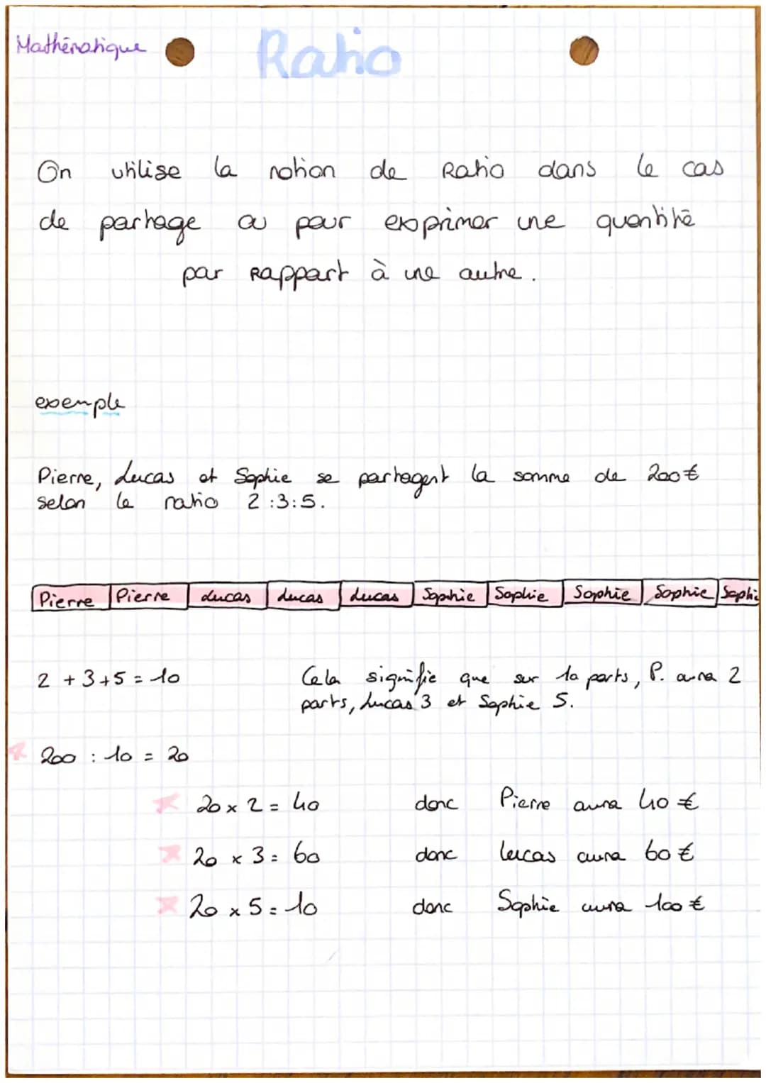 Mathératique

Ratio

On utilise la notion de Ratio dans le cas
de partage ou pour exprimer une quantité
par rappart à une autre.

exemple

P
