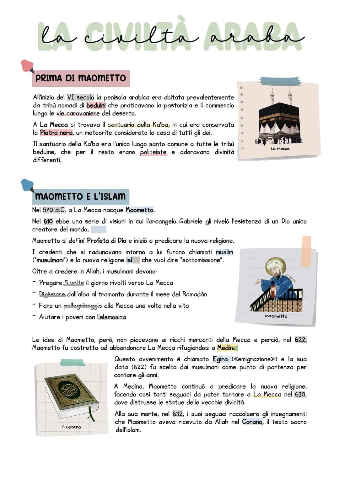 # la civilta araha

## PRIMA DI MAOMETTO

All'inizio del VI secolo la penisola arabica era abitata prevalentemente
da tribù nomadi di beduin