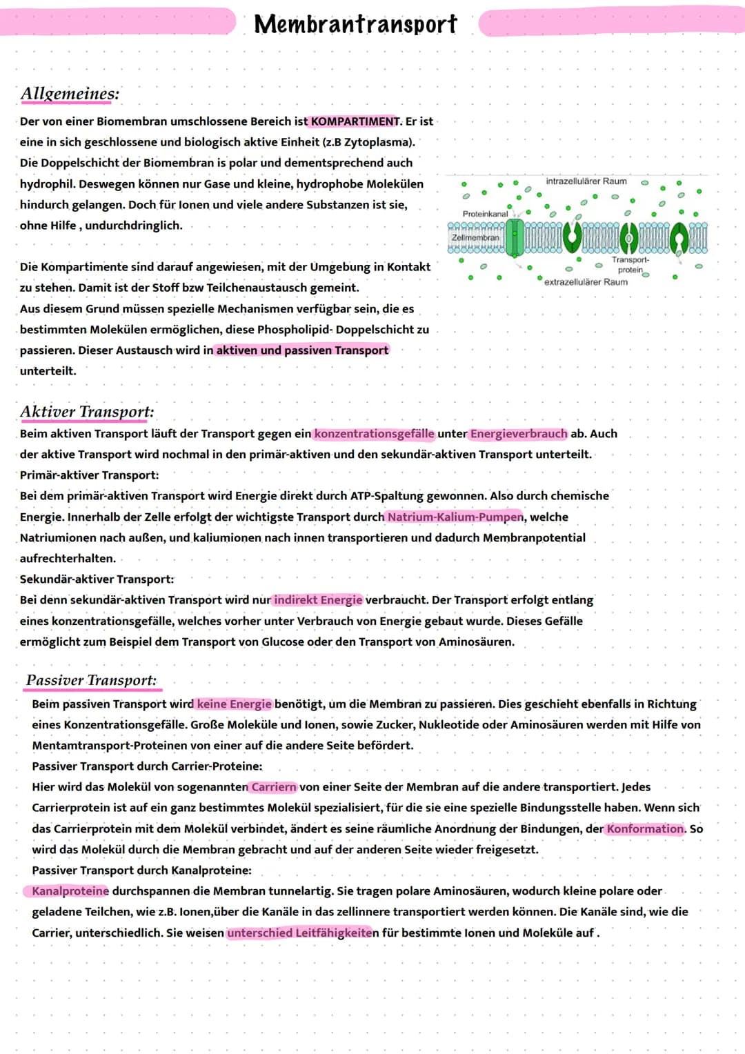 # Membrantransport

Allgemeines:

Der von einer Biomembran umschlossene Bereich ist KOMPARTIMENT. Er ist
eine in sich geschlossene und biolo