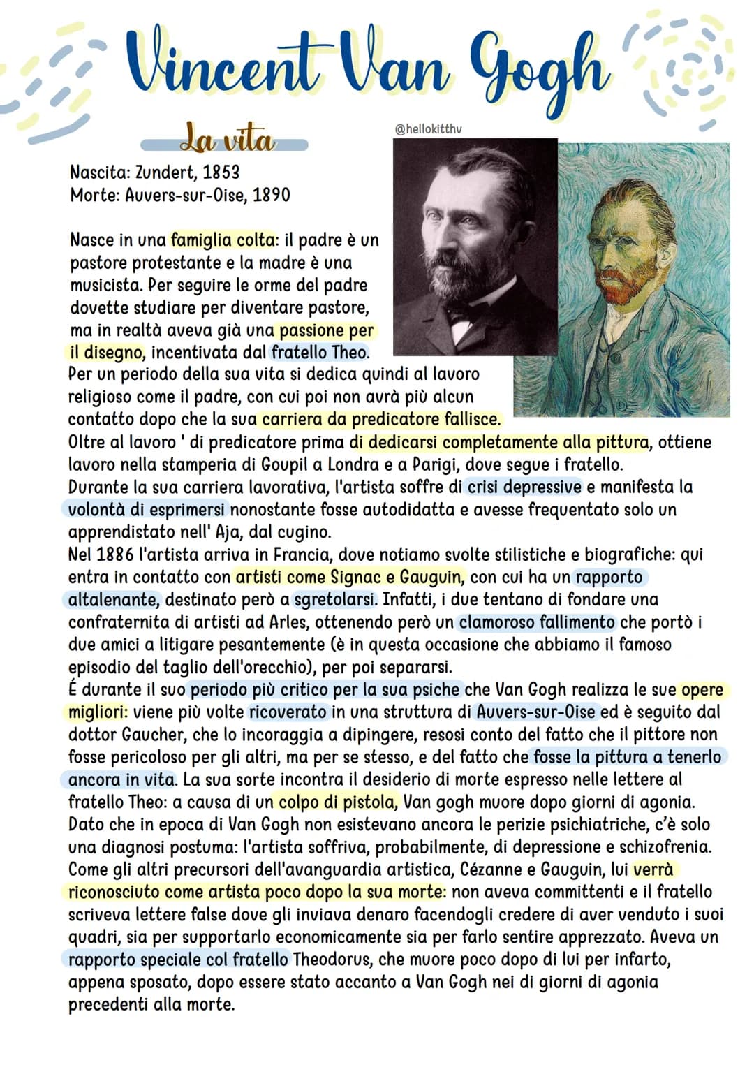 # Vincent Van Gogh

## La vita

Nascita: Zundert, 1853
Morte: Auvers-sur-Oise, 1890

@hellokitthv

Nasce in una famiglia colta: il padre è u