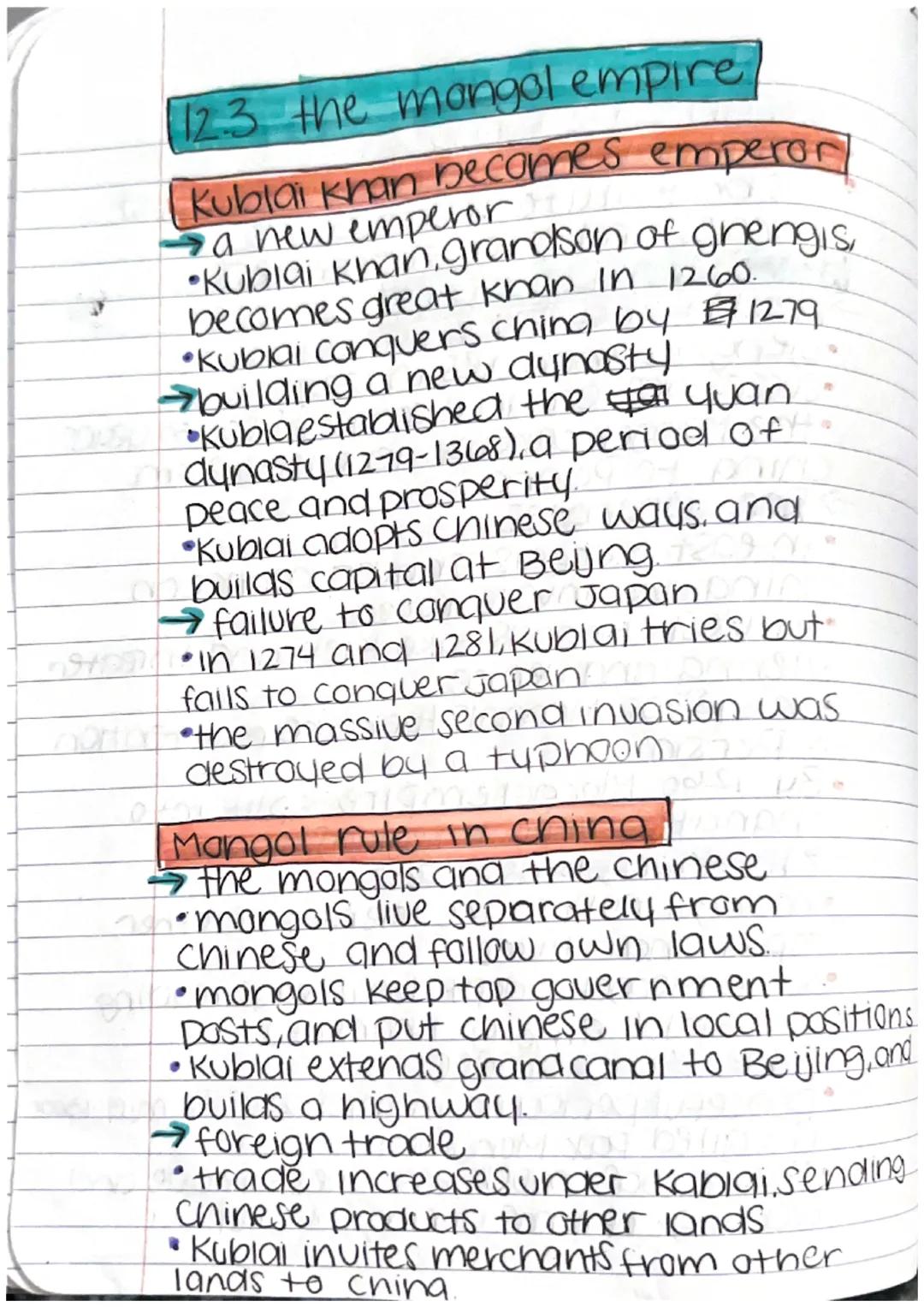 12.3 the mongol empire,

(Kublai Khan becomes emperor
a new emperor
•Kublai khan, grandson of ghengis,
becomes great khan in 1260.
•Kublai c