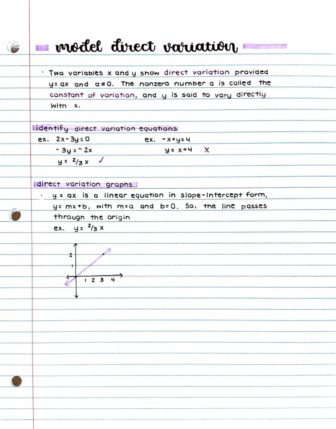 # model direct variation

*   Two variables x and y show direct variation provided
y=ax and a≠0. The nonzero number a is called the
constant