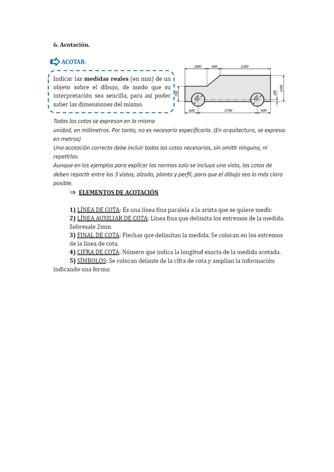 6. Acotación.

➡ACOTAR:

Indicar las medidas reales (en mm) de un 1
I objeto sobre el dibujo, de modo que su!
interpretación sea sencilla, p