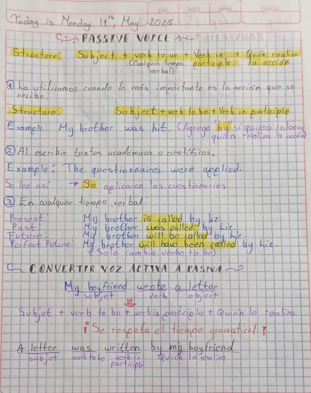 # Today is Monday 19<sup>th</sup> May 2025

# *passive* and *active* 

voice

Active voice
El sujeto realiza
acciones
**Structure:**
¿De qui