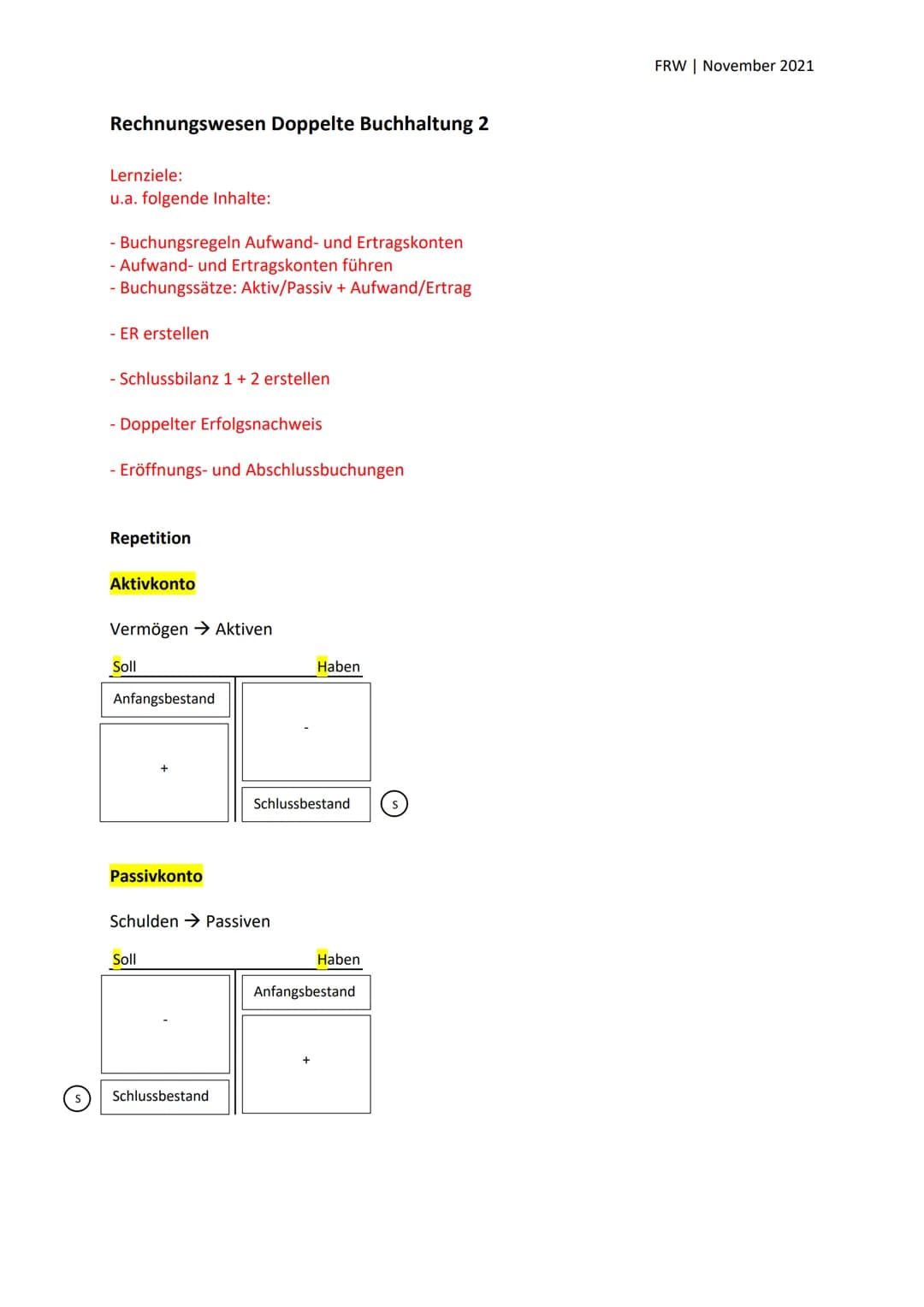 Rechnungswesen Doppelte Buchhaltung 2

Lernziele:
u.a. folgende Inhalte:

- Buchungsregeln Aufwand- und Ertragskonten
- Aufwand- und Ertrags